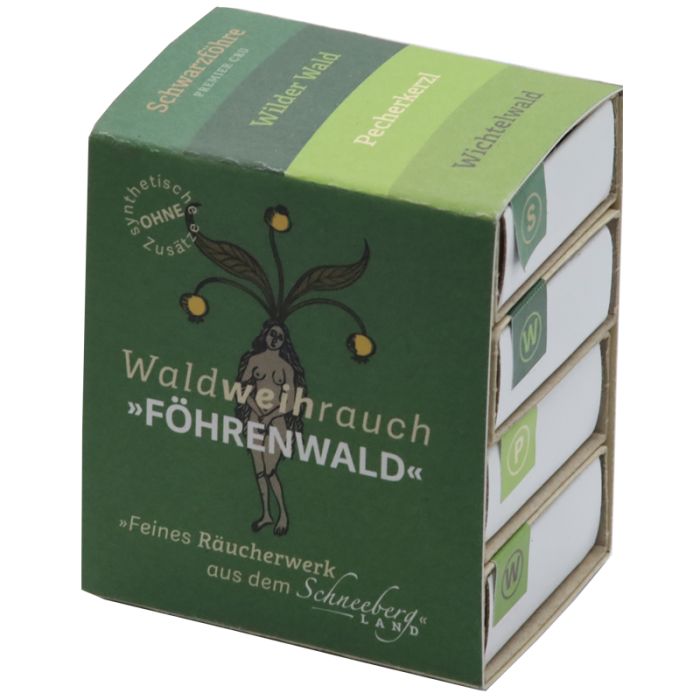 Kartonverpackung mit vier kleinen Schachteln. Aufschrift: Waldweihrauch »FÖHRENWALD«. Grünes Design mit Illustration und Text.