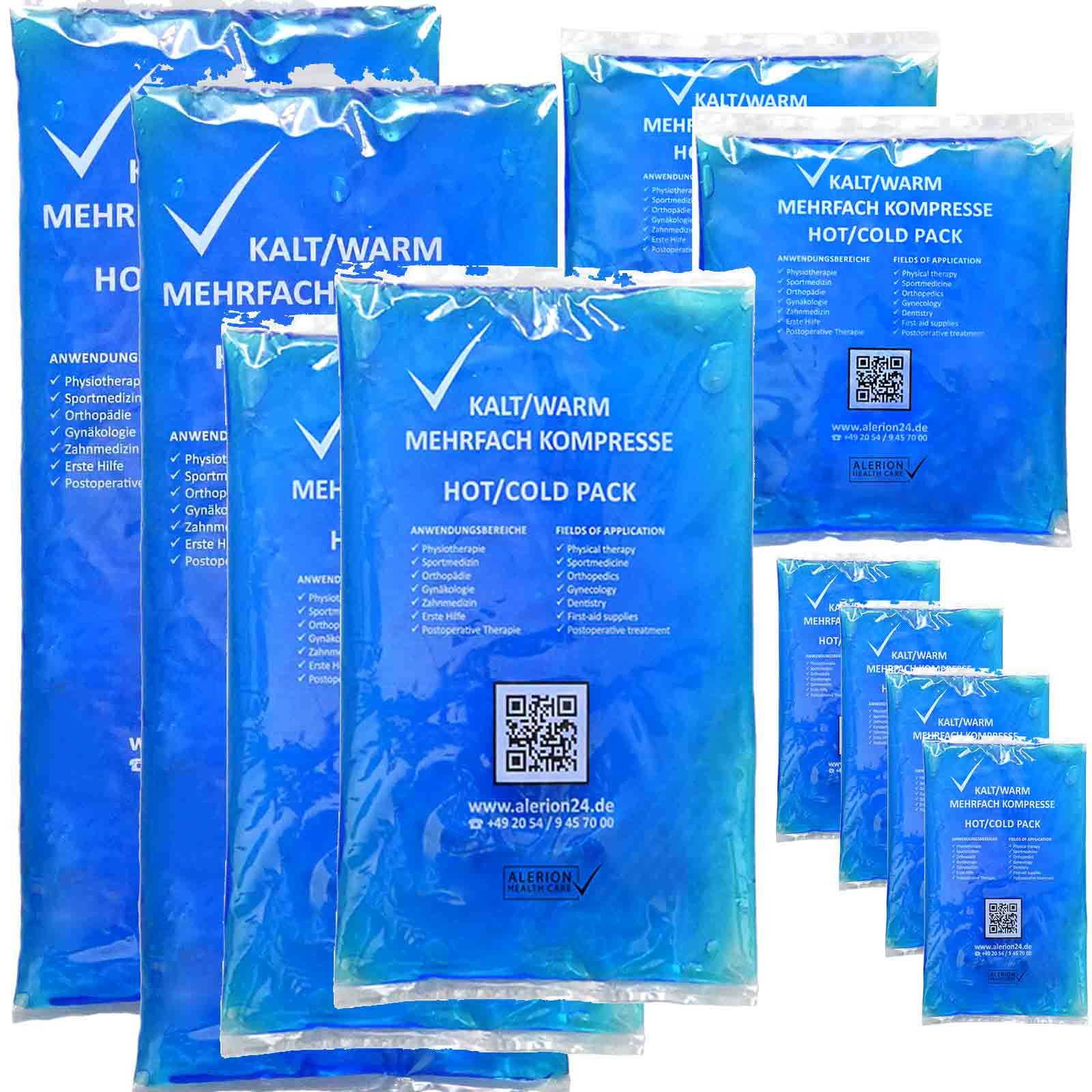 Mehrfach Kompressen in verschiedenen Größen. Blaue, rechteckige Verpackungen mit weißer Schrift. Aufdruck: Kalt/Warm, Hot/Cold Pack. QR-Code und Logo.