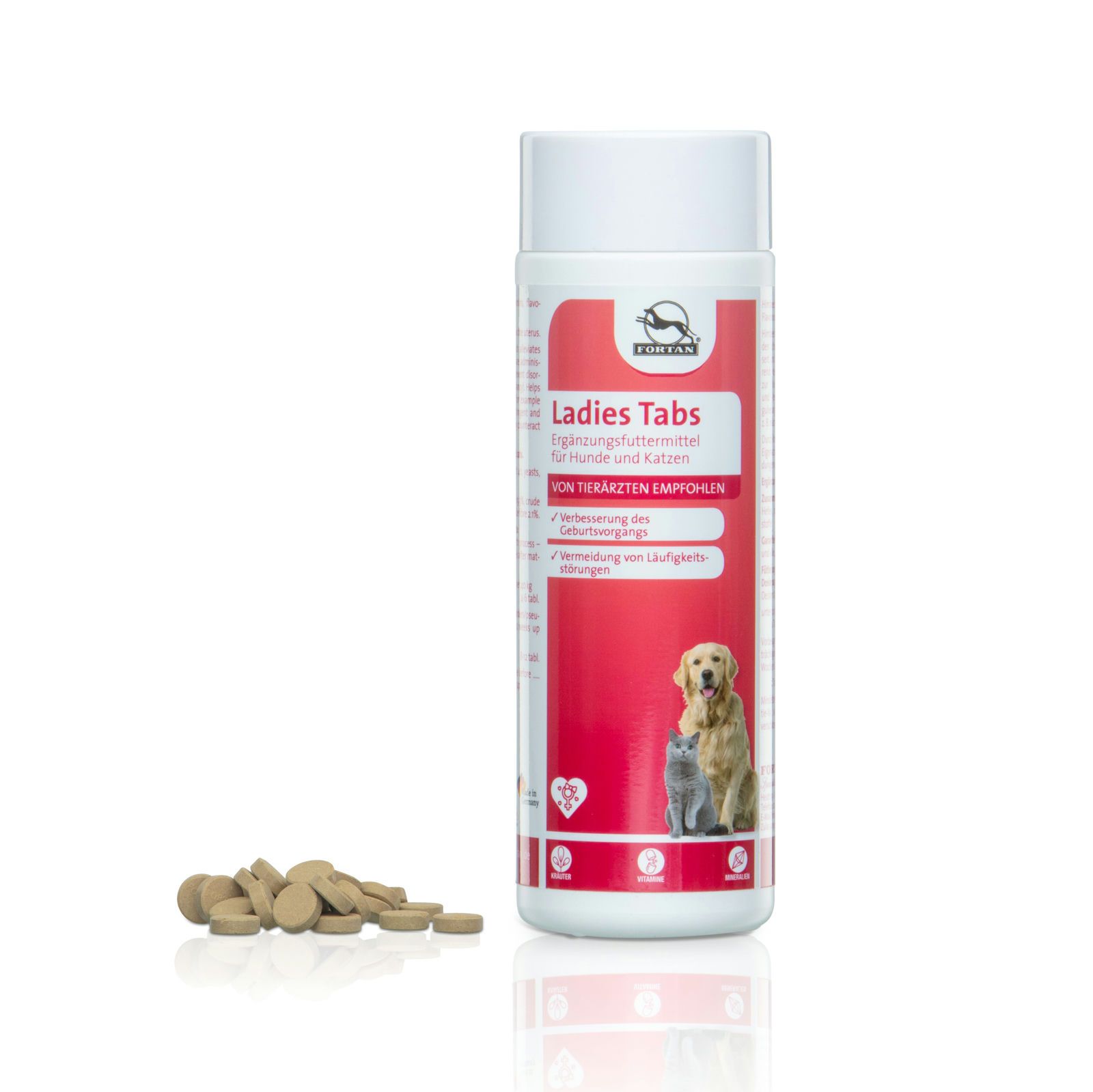 Weiße Flasche mit rotem Etikett und Tabletten daneben. Aufschrift: Ladies Tabs. Illustration: Hund und Katze. Text: Ergänzungsfuttermittel.