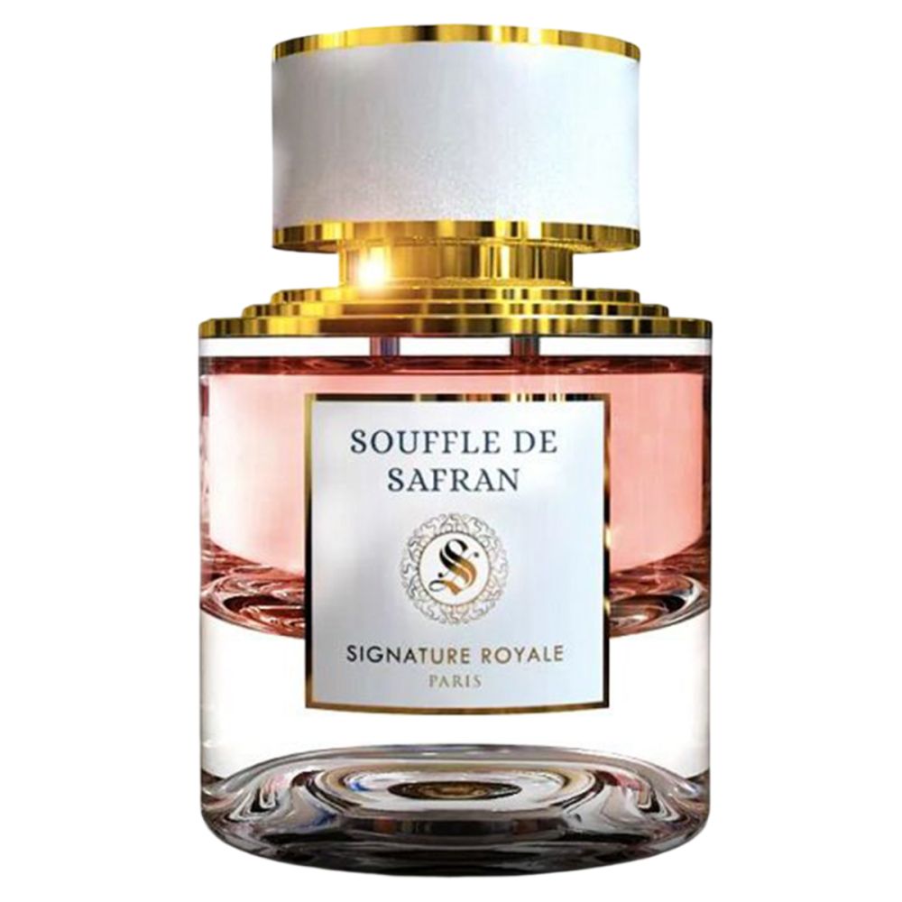Parfümflakon mit rosa Flüssigkeit. Aufschrift: Souffle de Safran, Signature Royale Paris. Goldfarbene Elemente.
