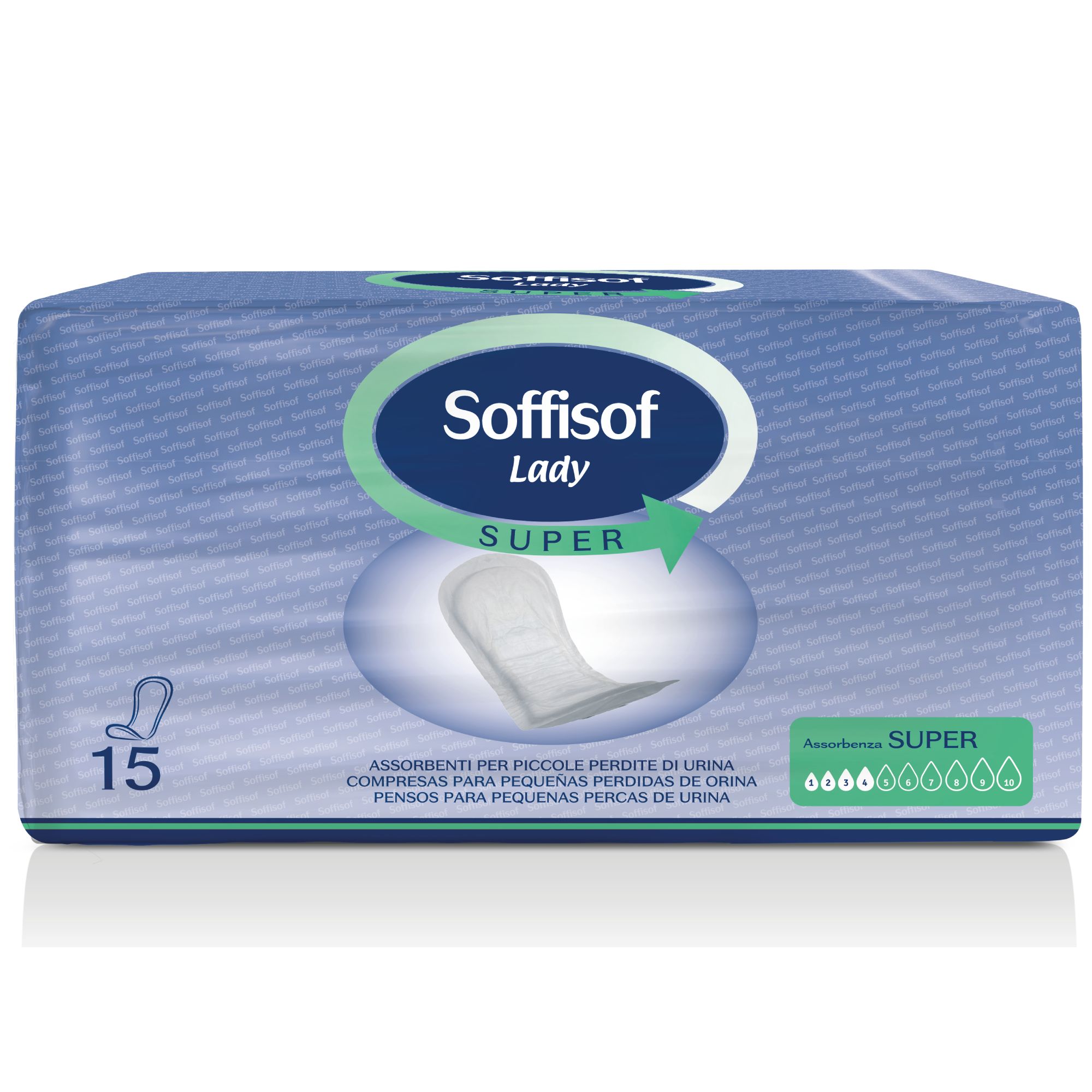 Soffisof Lady Super incontinentieverbanden voor dames. Verpakking met 15 stuks. Productnaam en absorptie-indicatie.