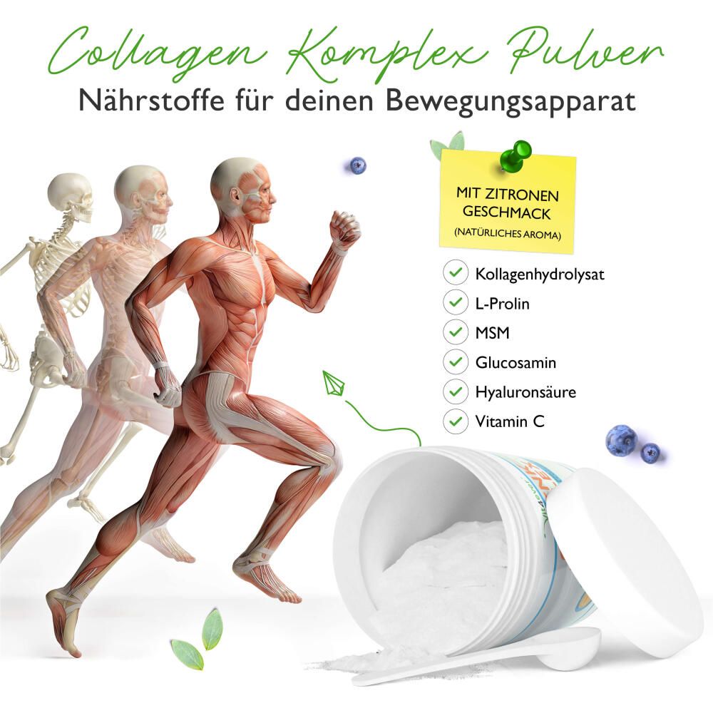 Offene Dose Kollagen Komplex Pulver mit Messlöffel. Abgebildet sind ein laufender Mann und ein Skelett. Zutatenliste.