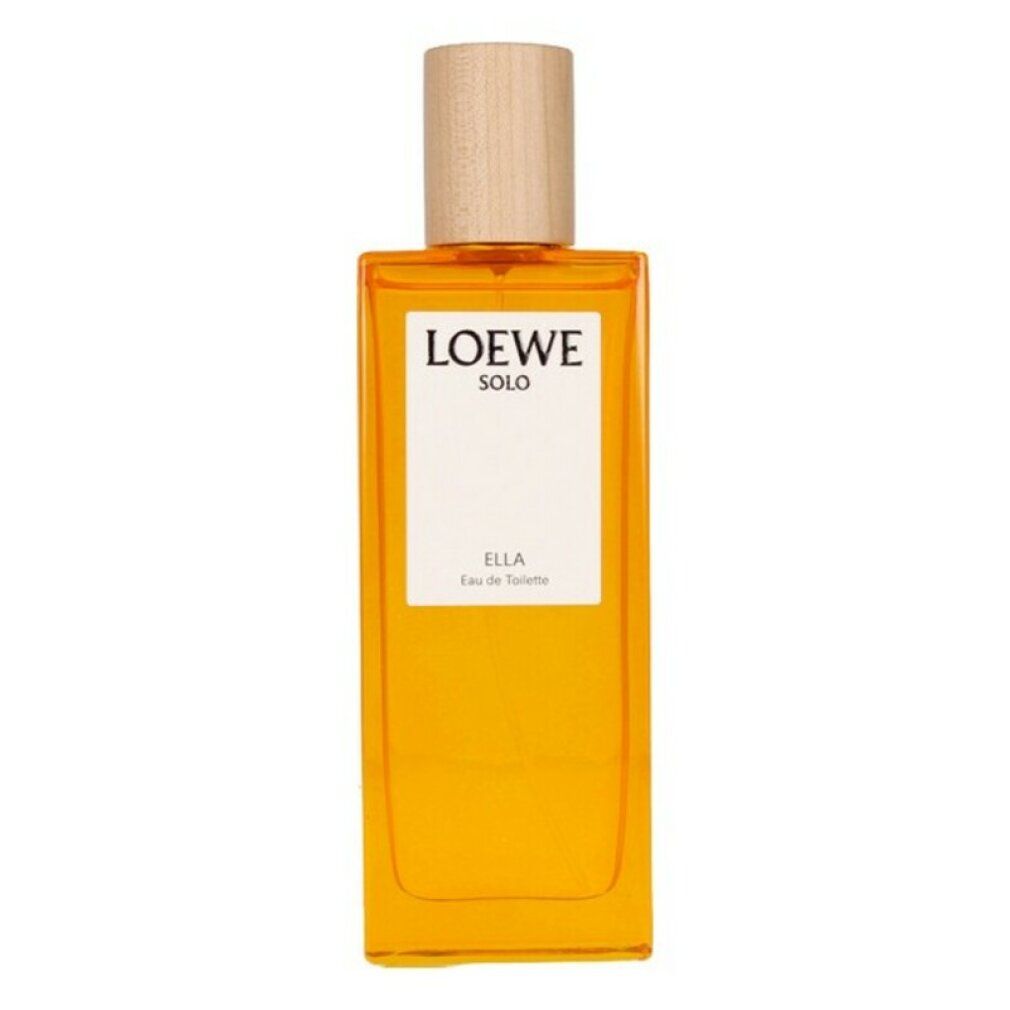 Rechteckiger Flakon mit Holzverschluss. Aufschrift: LOEWE SOLO ELLA Eau de Toilette. Gelbe Flüssigkeit sichtbar.