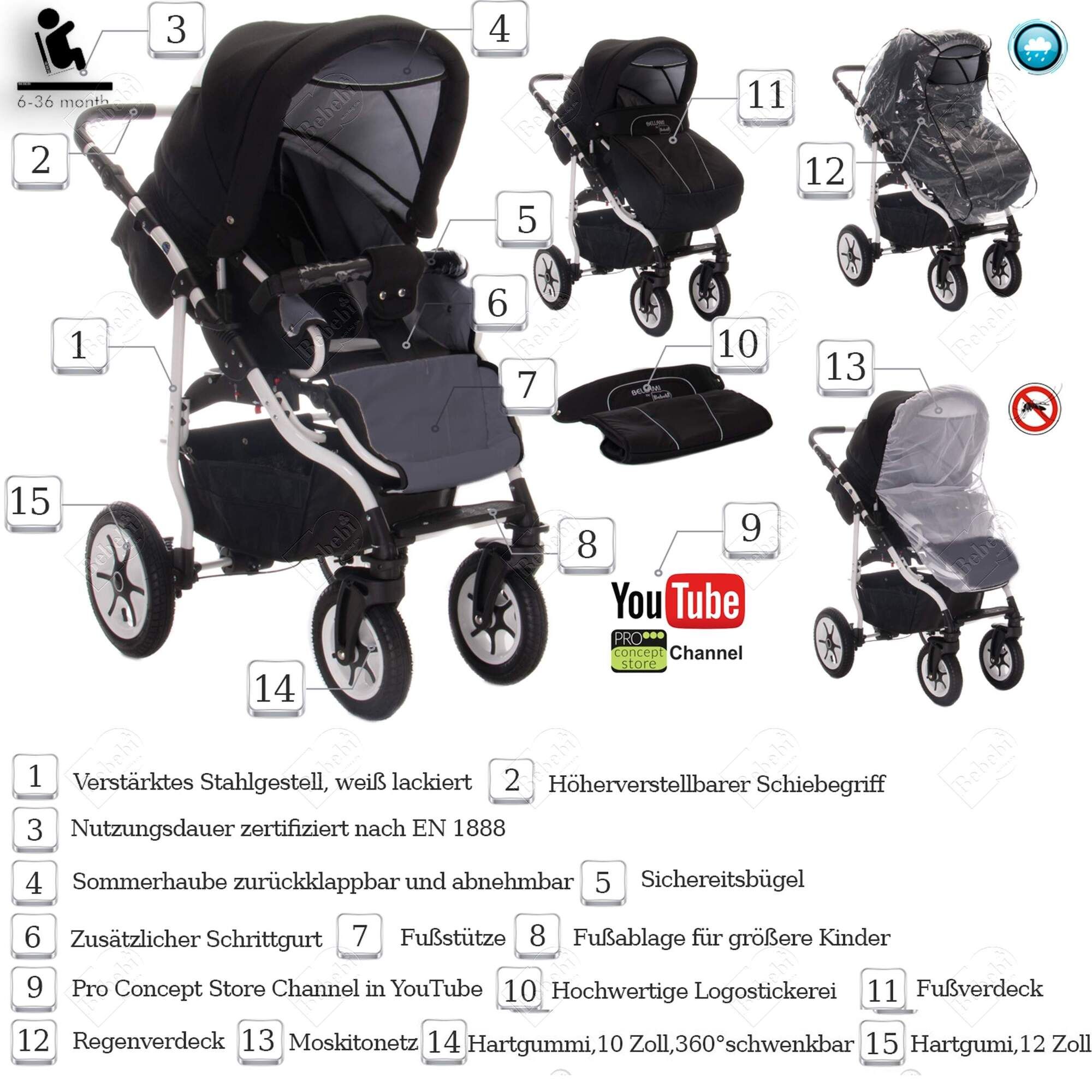 Bebebi Bellami 4 in 1 Kinderwagen Komplettset ISOFIX Basis Luftreifen, Bellagrigio