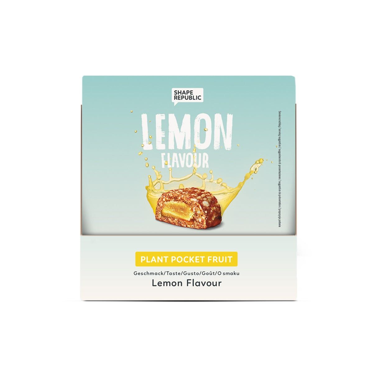 Verpackung mit Shape Republic Fruit Bites Lemon. Aufschrift: Lemon Flavour, Plant Pocket Fruit. Abgebildet: Snack mit gelber Füllung.