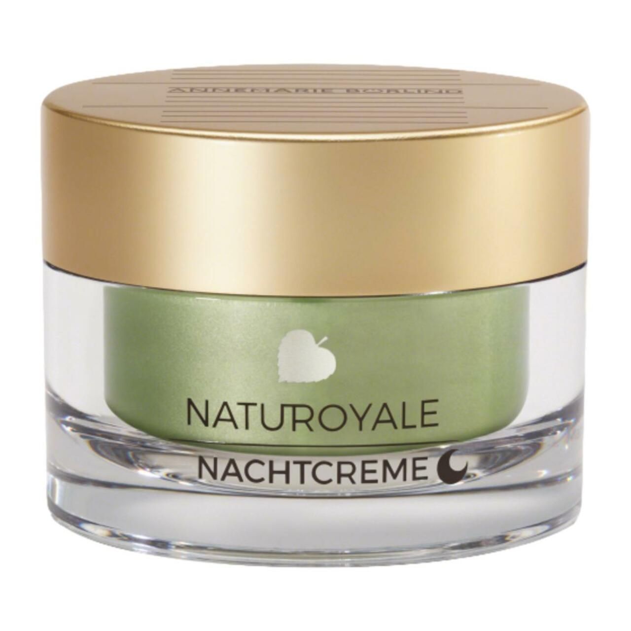 Creme-Glas mit goldfarbenem Deckel. Aufschrift: NATUROYALE Nachtcreme. Grüner Inhalt sichtbar.