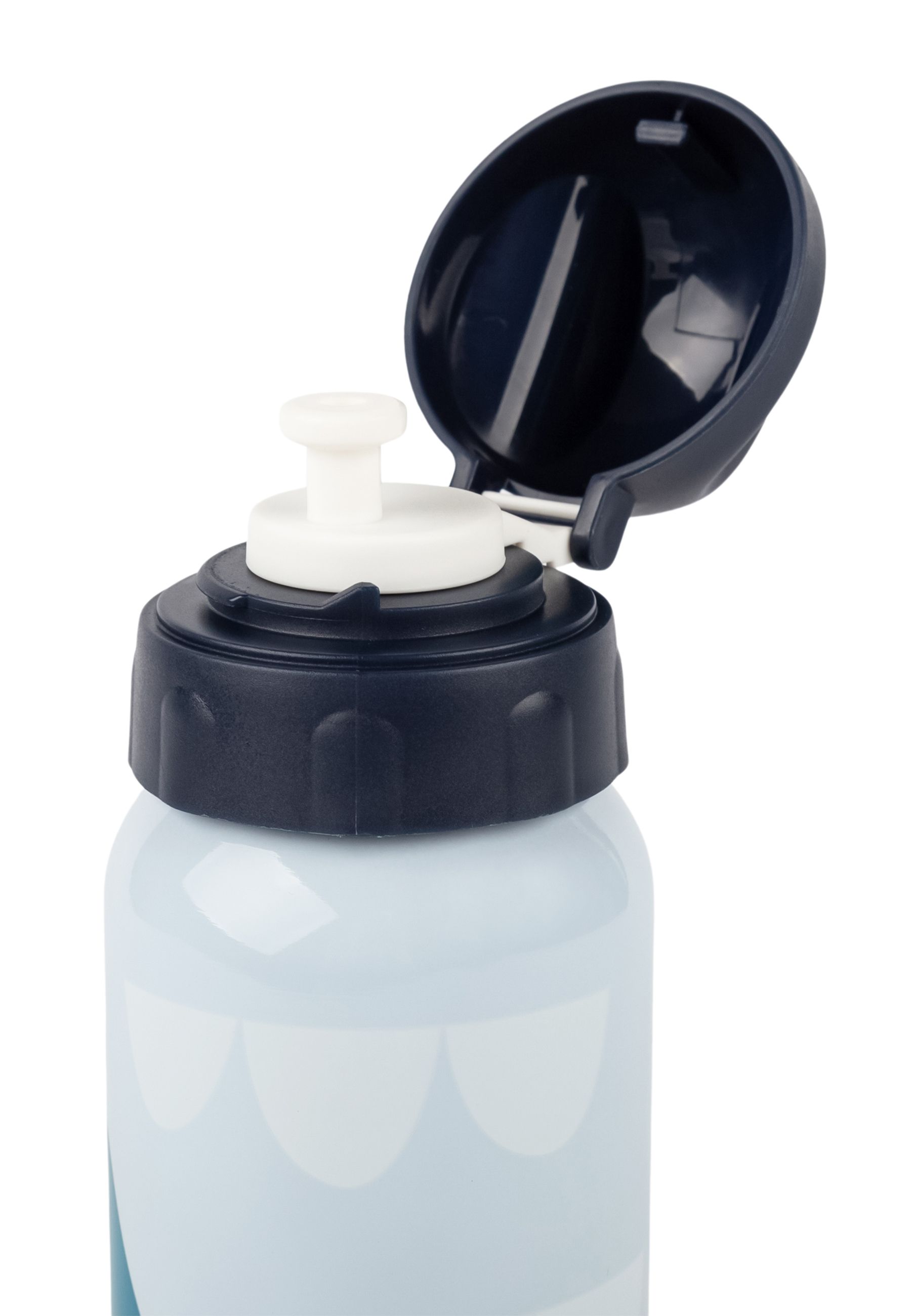 Hellblaue Trinkflasche mit Wal-Motiv. Dunkelblauer Deckel, geöffnet. Edelstahl.