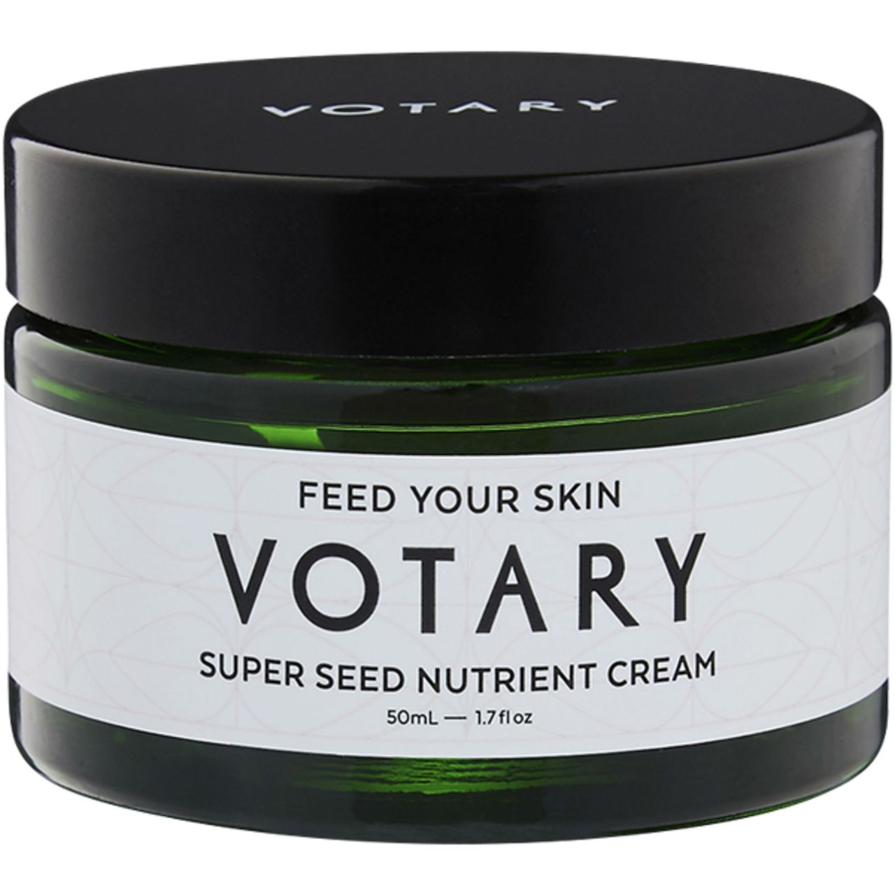 Creme-Glas mit schwarzem Deckel. Auf dem Etikett steht "Votary Super Seed Nutrient Cream".
