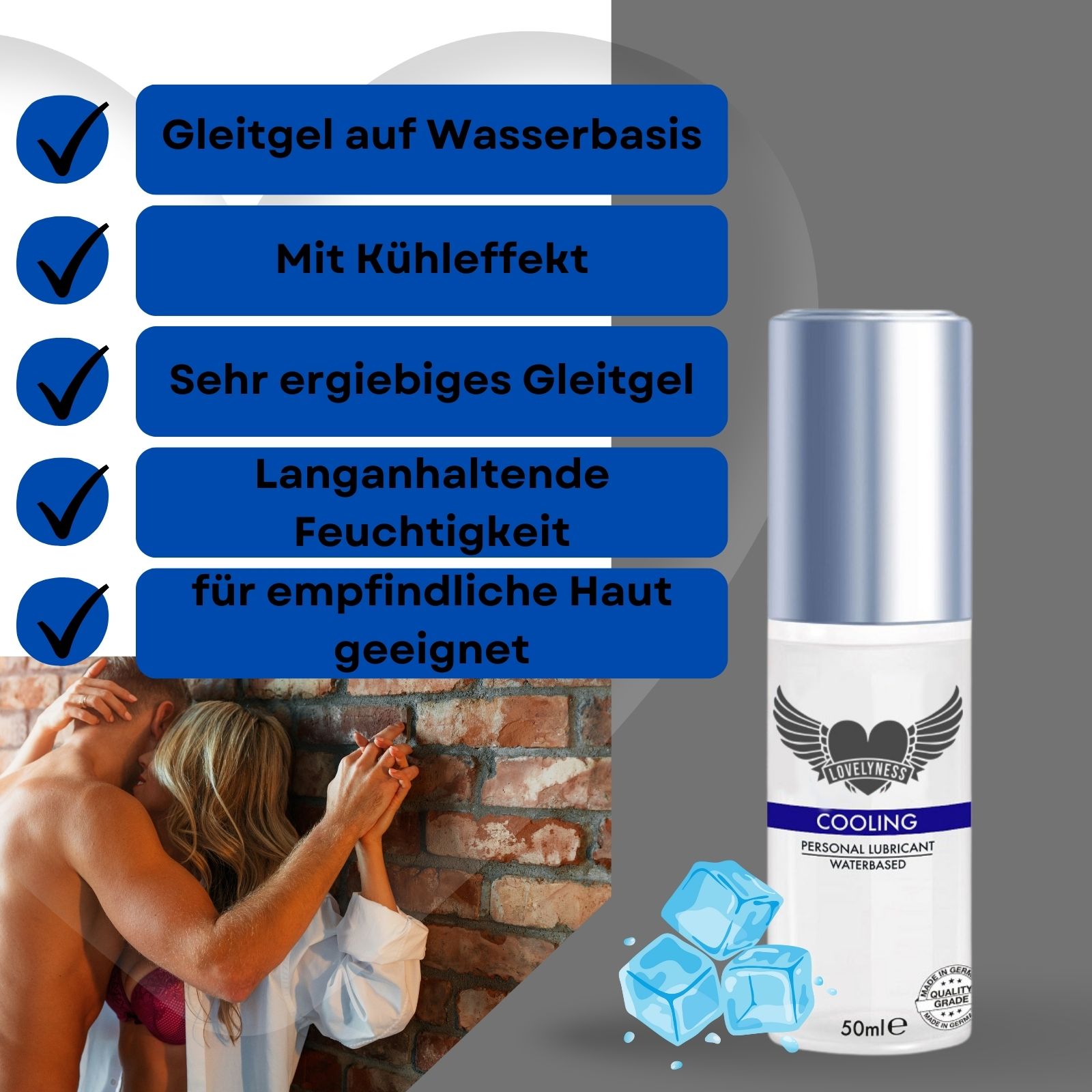 Flacon de lubrifiant avec texte bleu. Texte : "Cooling Personal Lubricant Waterbased". Un couple et des glaçons sont représentés.