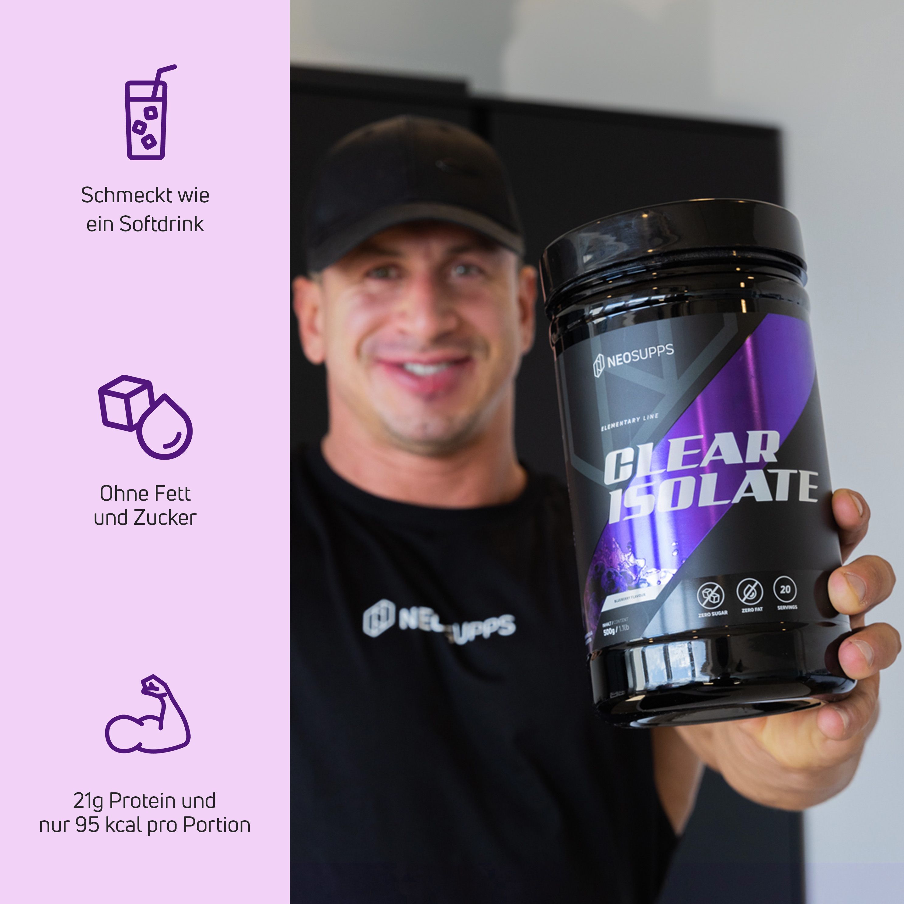 Schwarze Dose mit lila Akzenten. Aufschrift: CLEAR ISOLATE. Mann hält Dose. Text: 21g Protein, 95 kcal.