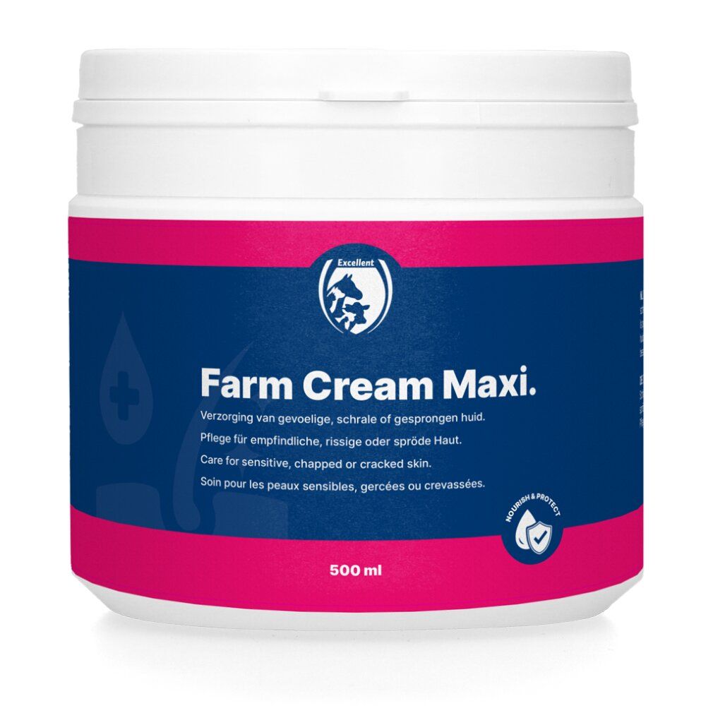 Weißer Behälter mit Deckel. Aufschrift: Farm Cream Maxi. Blaues Feld mit Text. Rosa Akzente. 500 ml. Logo.