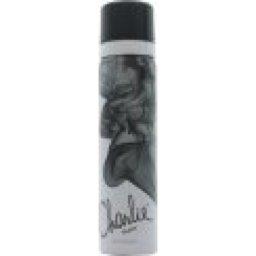 Körper-Spray-Dose, weiß mit schwarzem Rauch-Design. Schriftzug "Charlie Black". Schwarzer Deckel.