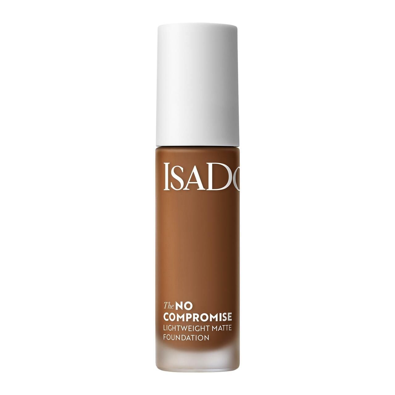 Foundation-Flakon mit weißem Deckel. Aufschrift: ISADORA, The NO COMPROMISE, Lightweight Matte Foundation. Braune Flüssigkeit sichtbar.