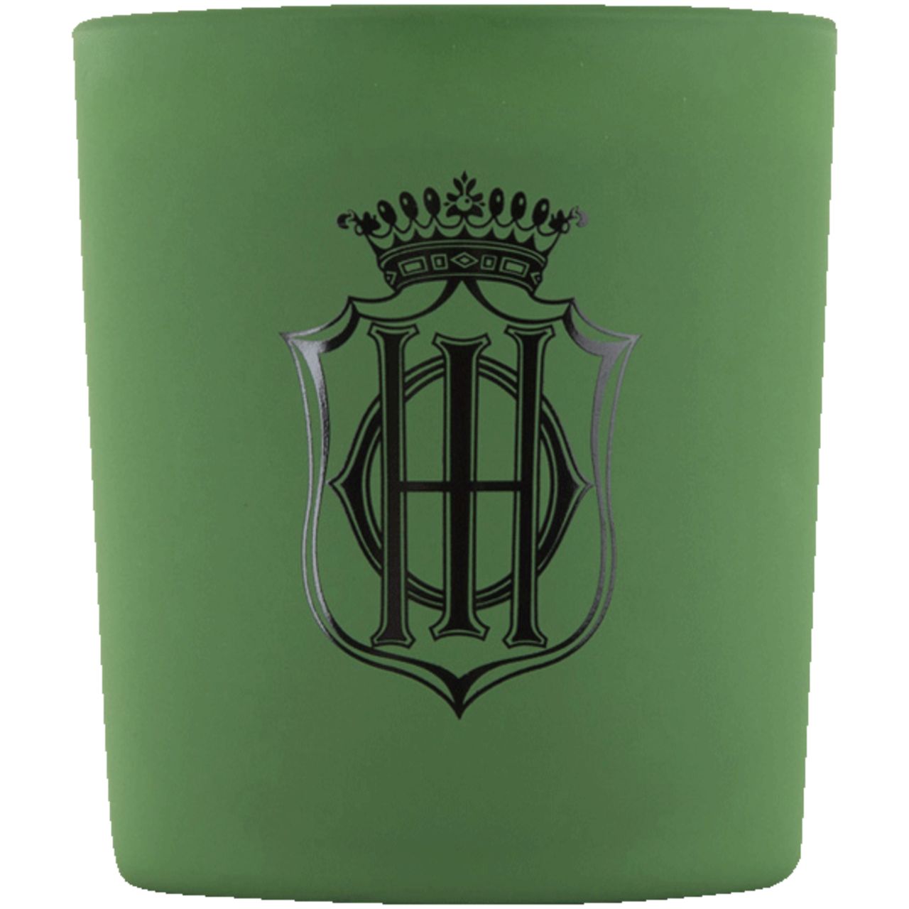 Grüner Kerzenglas mit Logo. Das Logo zeigt ein Wappen mit Krone. Keine weiteren Details sichtbar.