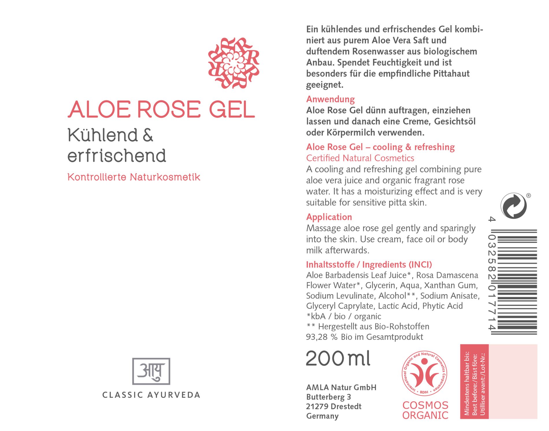 Classic Ayurveda - Aloe Rose Gel, COSMOS ORGANIC