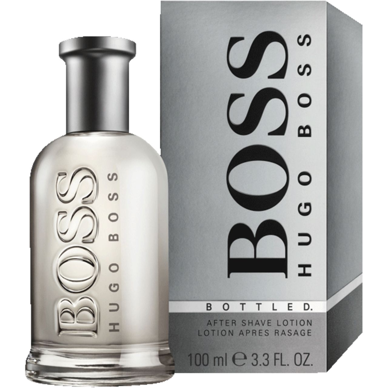 Glasflakon und Verpackung. Flakon mit silbernem Verschluss, Schriftzug BOSS HUGO BOSS. Verpackung mit Schriftzug BOSS.