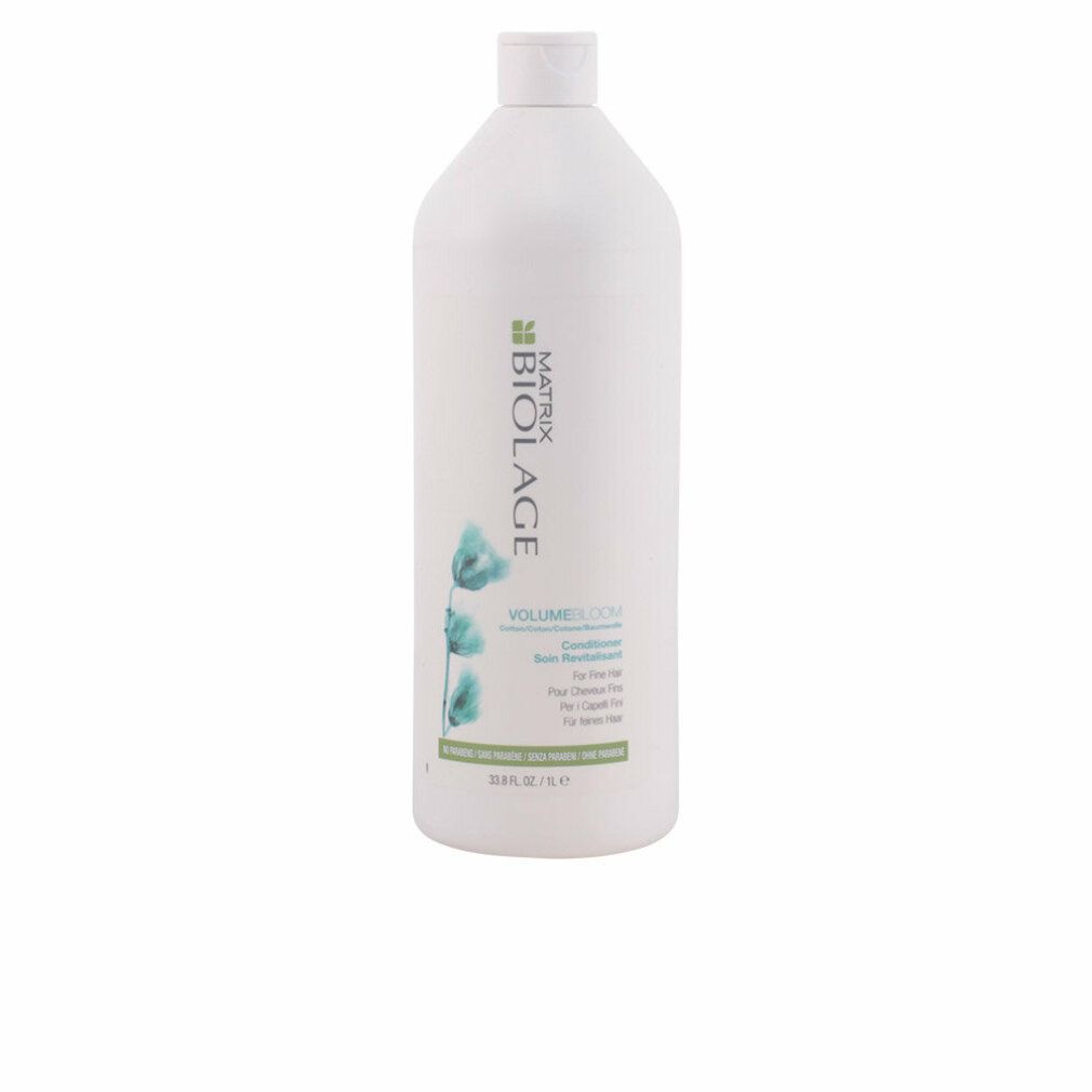 Weiße Flasche mit grünem Etikett. Aufschrift BIOLAGE, VOLUMBLOOM, Conditioner. Für feines Haar. 33.8 fl.oz/1L.
