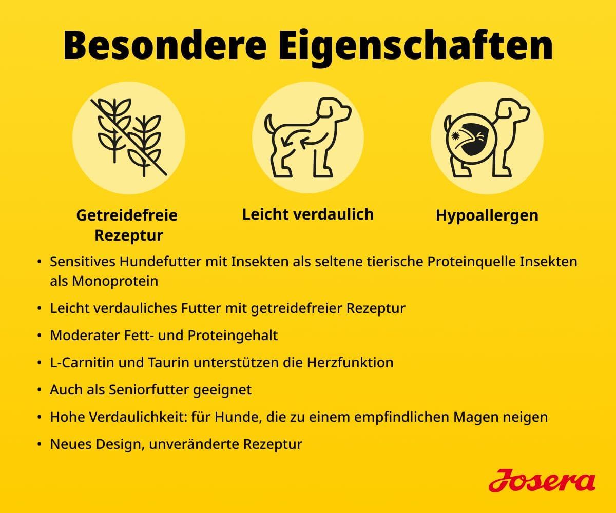 Josera Hundefutter: Getreidefrei, leicht verdaulich, hypoallergen. Mit Symbolen und Text.