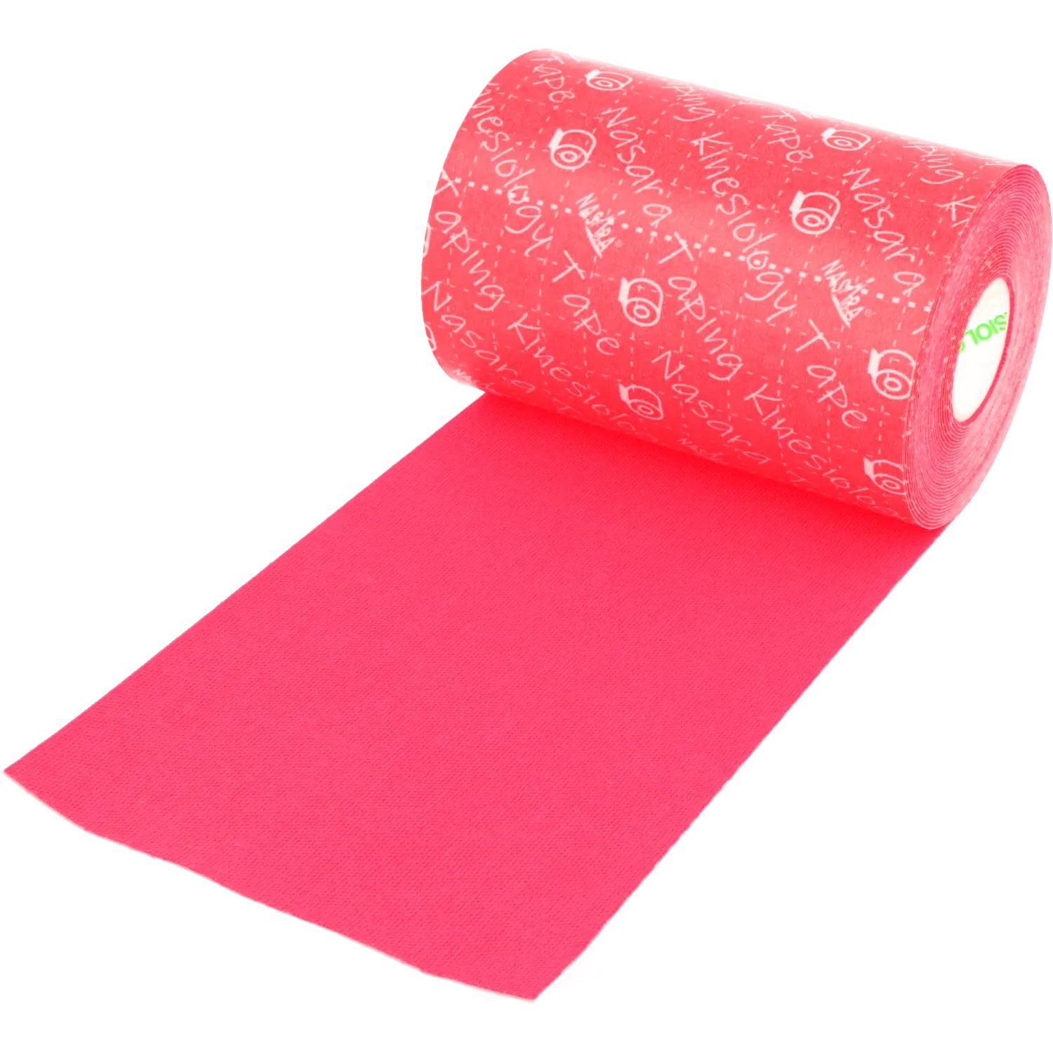 Rotolo di kinesio tape rosa. Stampa: Nasara Kinesiology Tape. Logo bianco. Nastro che si srotola.