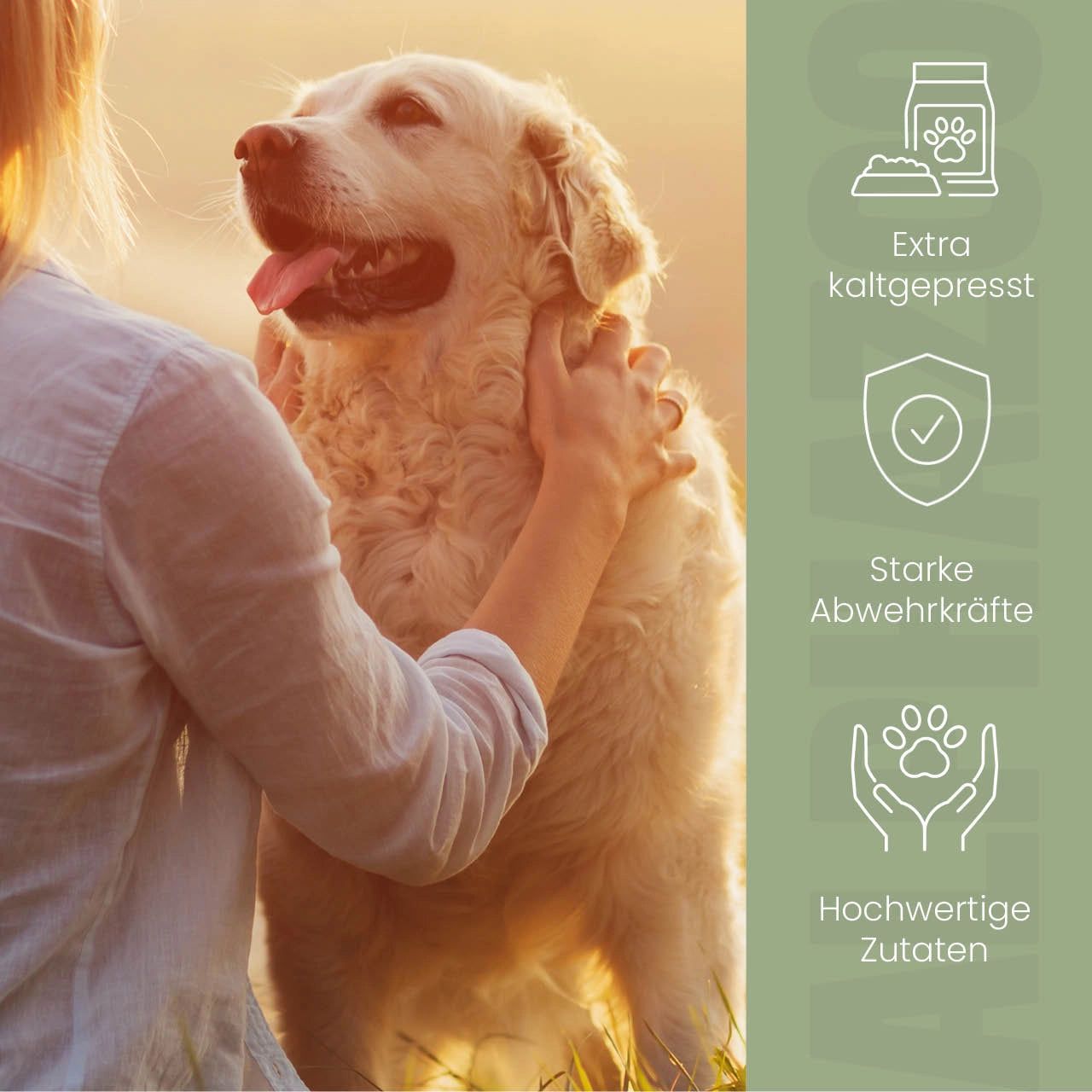 Frau umarmt Hund. Icons: Extra kaltgepresst, Starke Abwehrkräfte, Hochwertige Zutaten. Hintergrund: Sonnenuntergang.