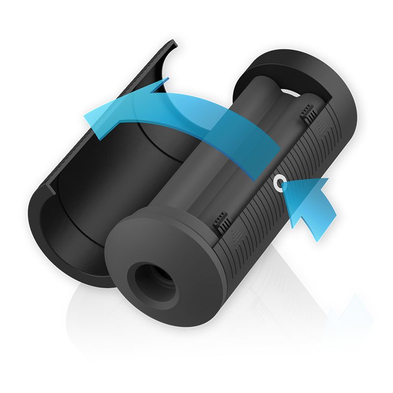 Schwarzer, zylindrischer Vibrator. Geöffnet, zeigt Innenleben. Blaue Pfeile. Geriffelte Oberfläche. Unterseite mit Öffnung.