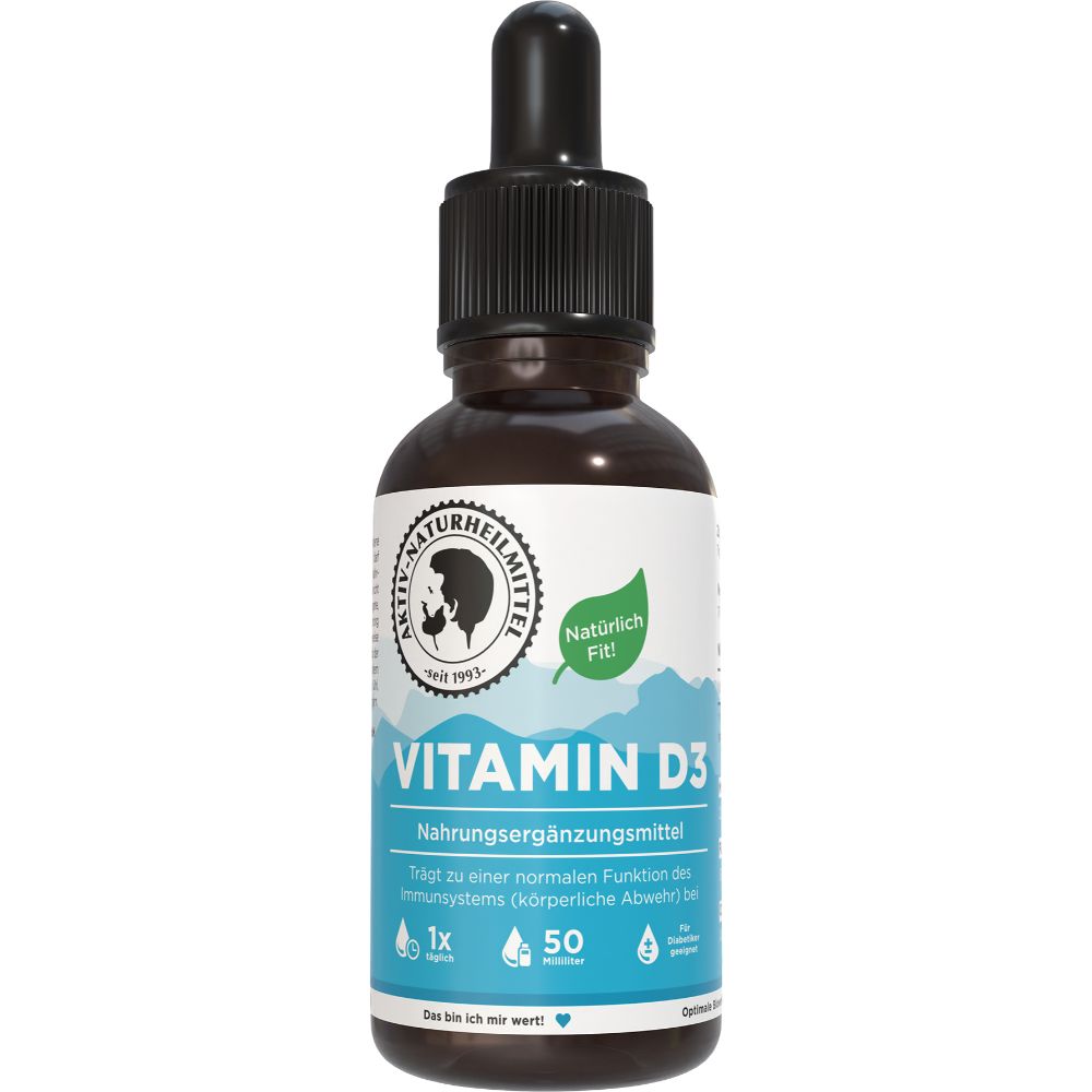 Braune Glasflasche mit schwarzem Verschluss und Pipette. Aufschrift: Aktiv Naturheilmittel, Vitamin D3 1000 I.E.