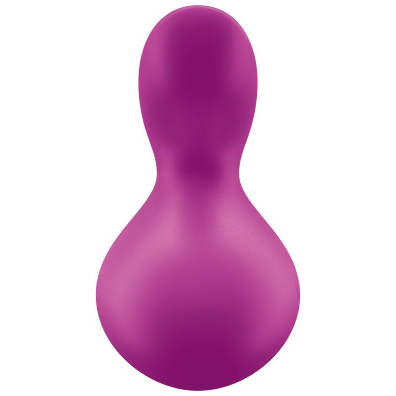 Lila Vibrator. Tropfenförmig, mit abgerundeter Spitze und breiterem, rundem Boden. Glatte, matte Oberfläche.