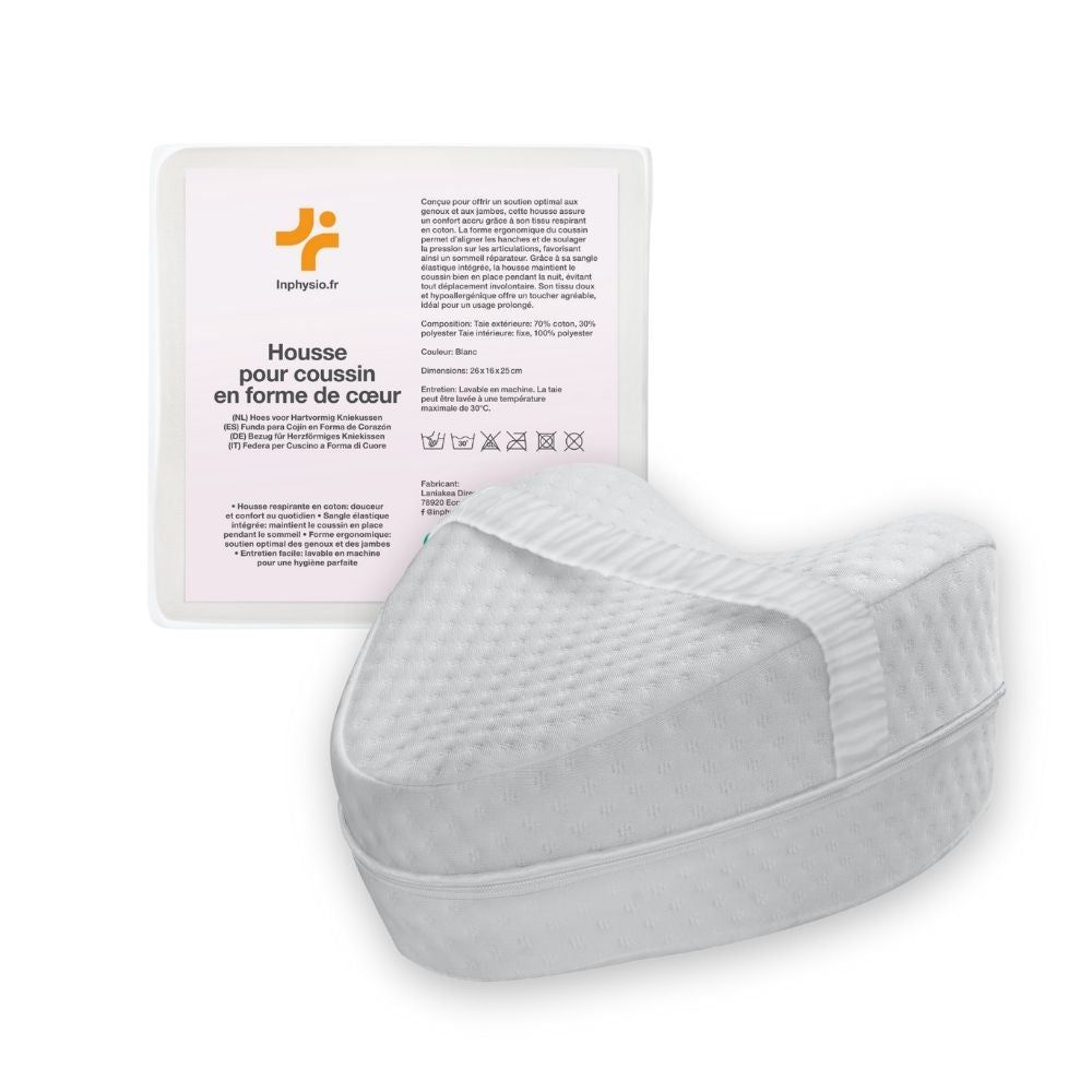 Weißer Bezug für ergonomisches Herzkissen mit Gummiband. Verpackung mit Text und Logo.