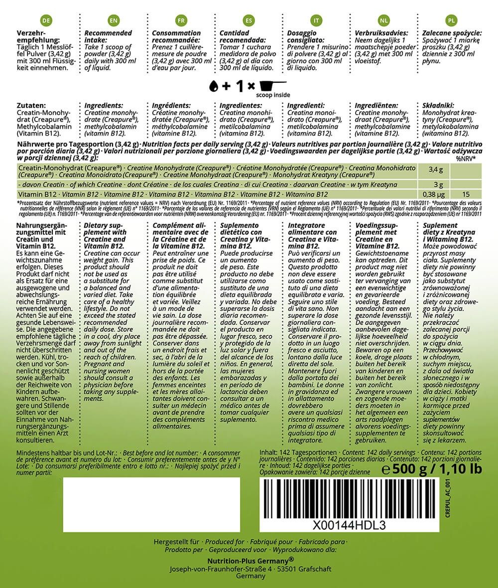 Rückseite einer grünen Beutels mit Produktinformationen. Text in mehreren Sprachen, darunter Nährwertangaben und Zutatenliste.
