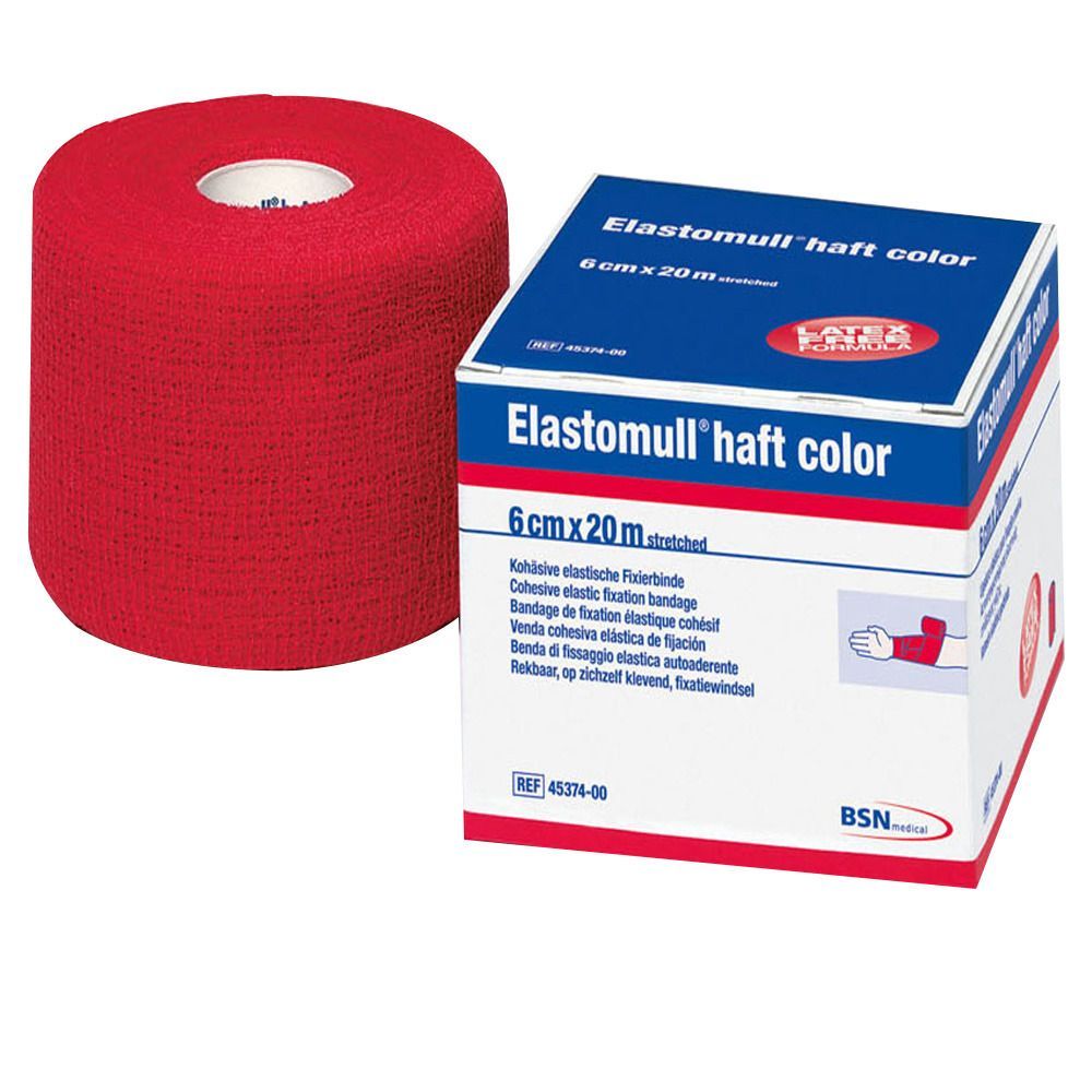 Rote Elastomull® haft color Rolle und Verpackung. Auf der Verpackung: 6 cm x 20 m, Latex-frei.