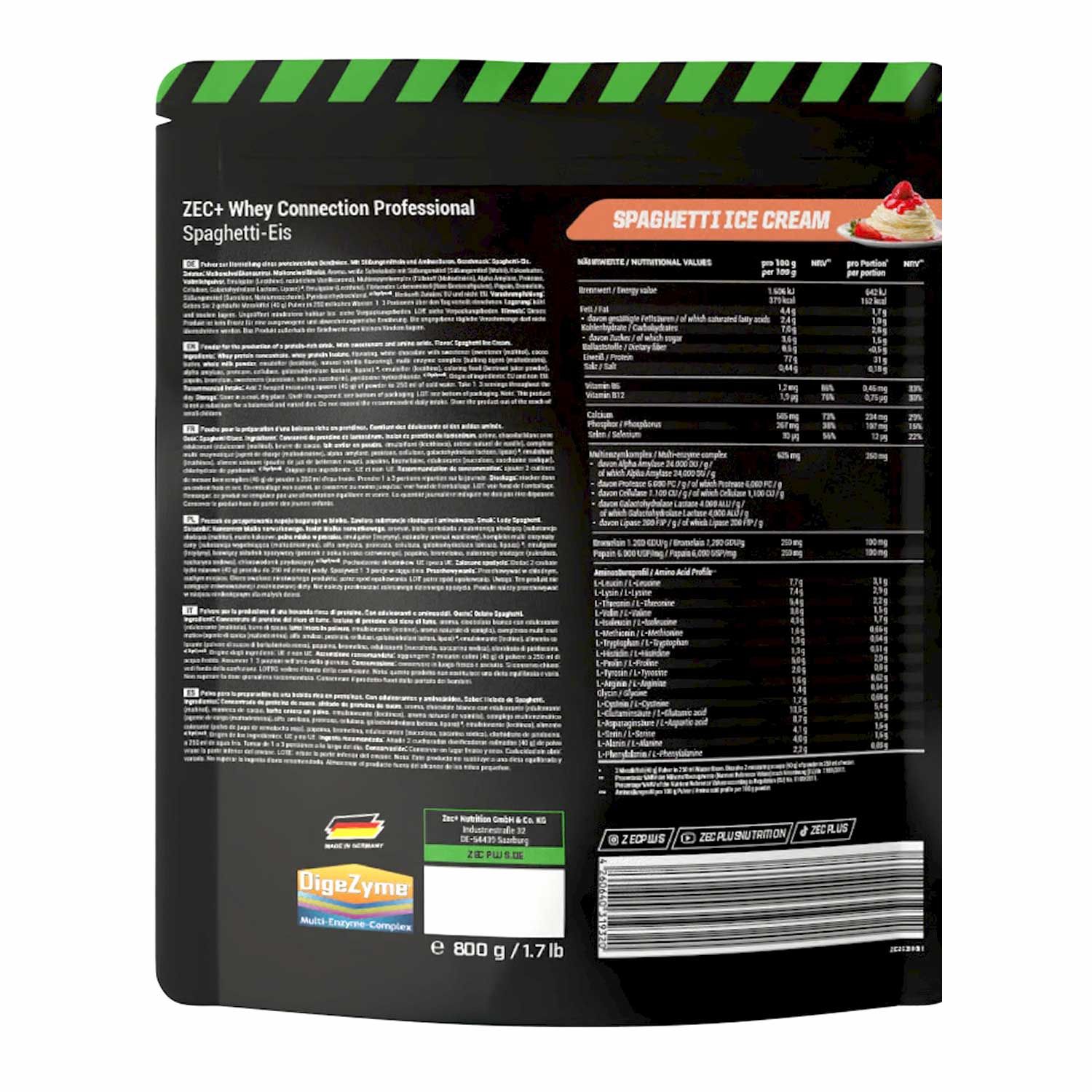 Rückseite der ZEC+ Whey Connection Professional Verpackung. Enthält Nährwertangaben und Zutatenliste. Aufdruck: Spaghetti-Eis.