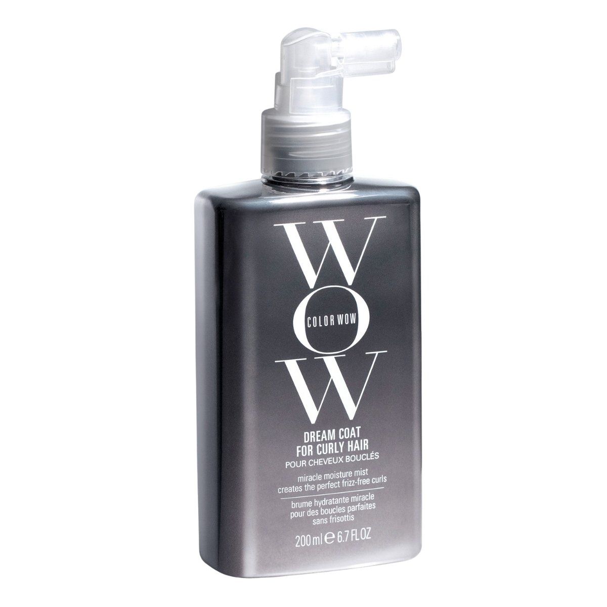 Graue Flasche mit silbernem Sprühkopf. Beschriftung: WOW DREAM COAT FOR CURLY HAIR, 200ml.