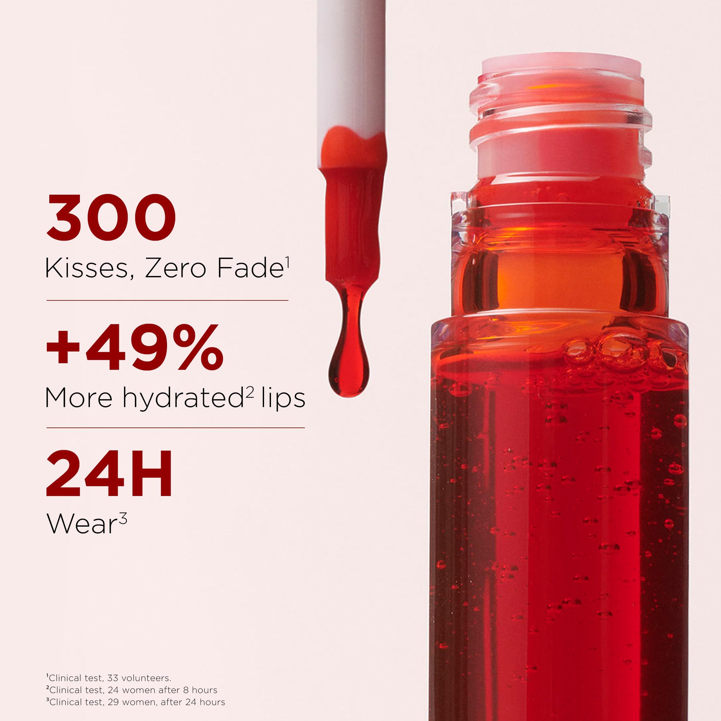 Lip Stain-Flasche mit Applikator. Text: 300 Küsse, Zero Fade, +49% mehr hydratisierte Lippen, 24H Wear.