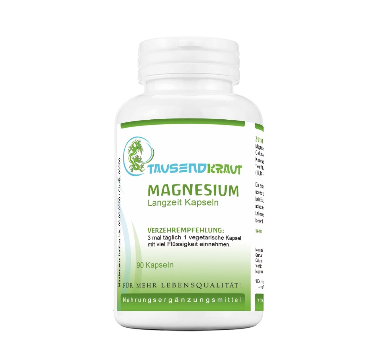 Weiße Flasche mit grüner Beschriftung. Enthält Magnesium Langzeit Kapseln. 90 Kapseln. Nahrungsergänzungsmittel.