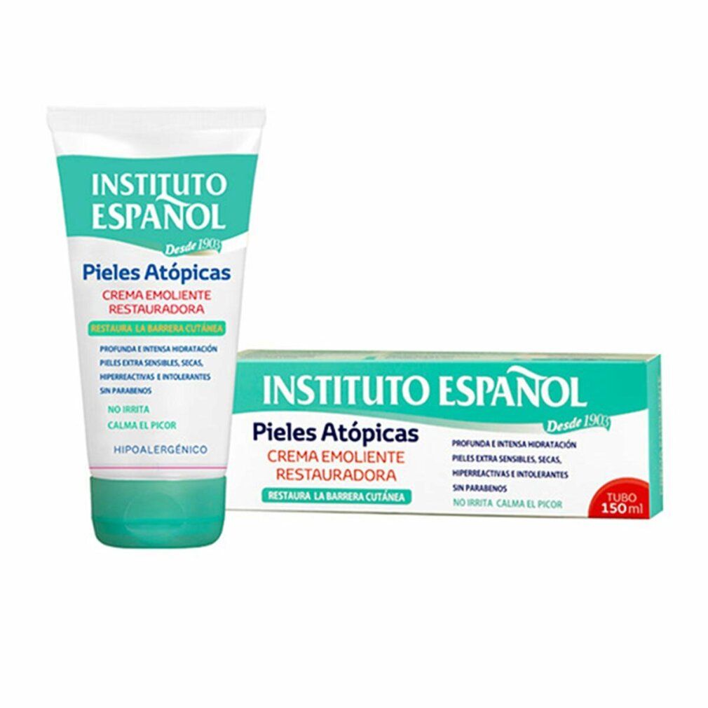 Creme und Verpackung. Tube mit grünem Deckel. Aufschrift: Instituto Español, Pieles Atópicas, Creme Emolliente Restitutiva. 150ml.