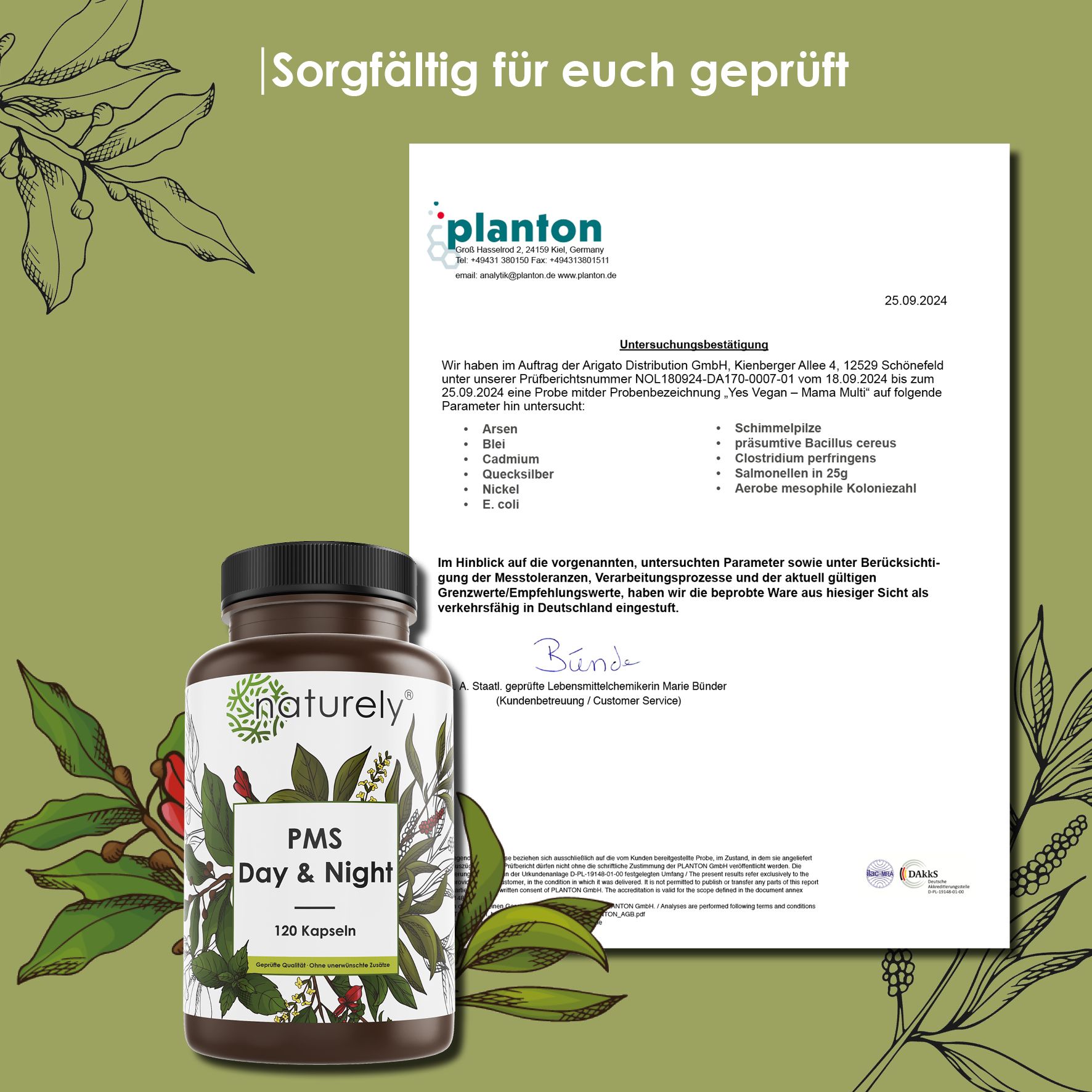 Eine Flasche 'PMS Day & Night' Kapseln von Naturely mit 120 Kapseln, daneben ein Prüfbericht von Planton.