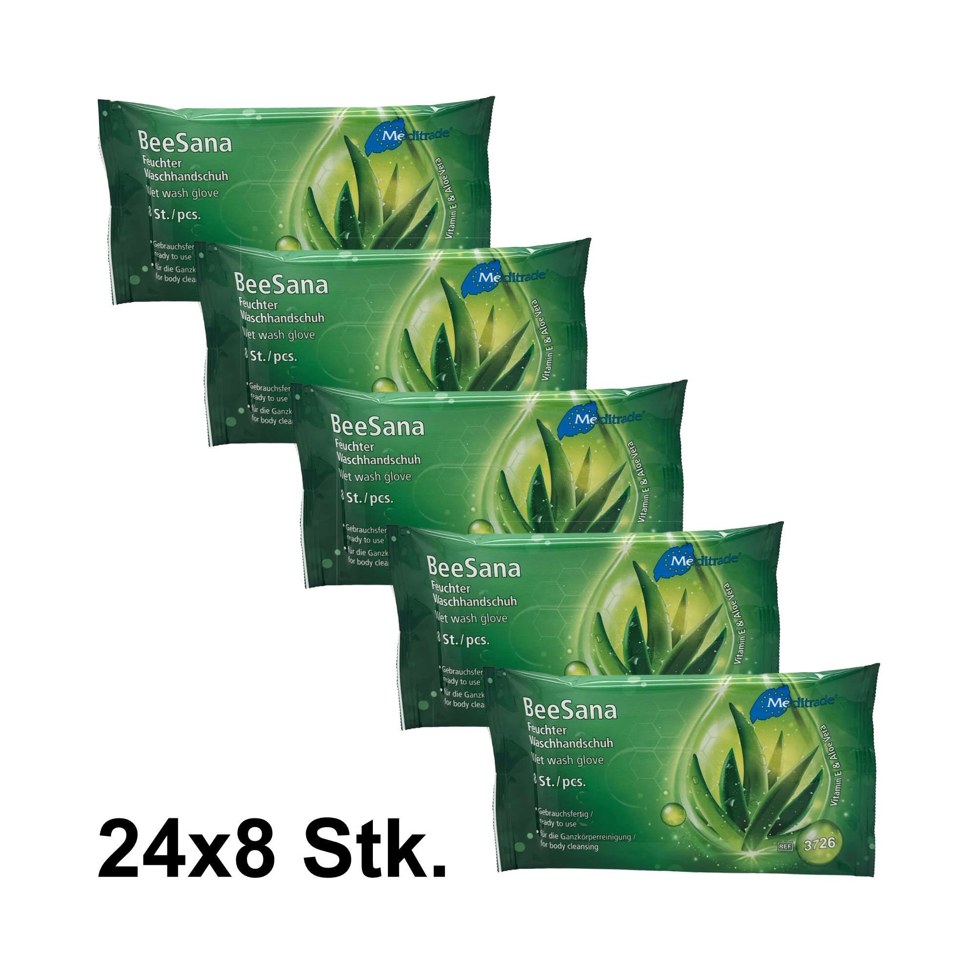 Fünf grüne Verpackungen nebeneinander. Text: BeeSana, Feuchte Waschhandschuhe, 8 Stk./pcs. Gesamt: 24x8 Stk.