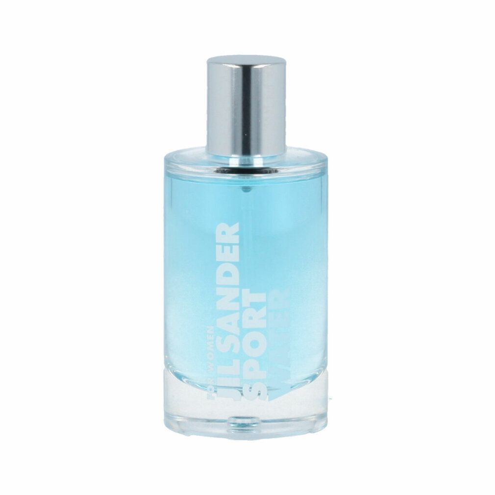 Glasflakon mit blauem Duft. Silberner Deckel. Aufschrift: Jil Sander Sport Water.