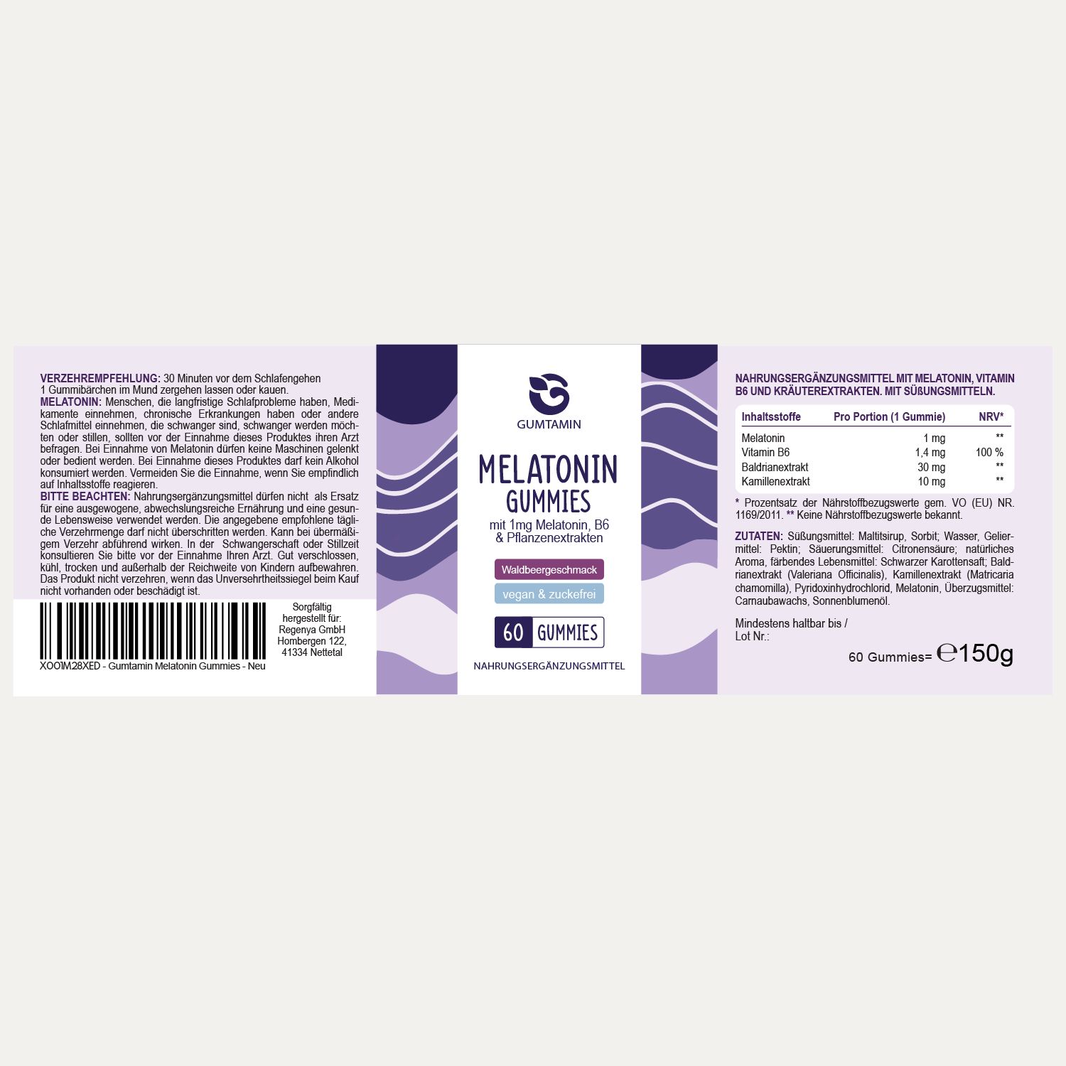Gumtamin Melatonin Sleep Gummies: Nährwertangaben mit Melatonin, Vitamin B6 und pflanzlichen Extrakten.