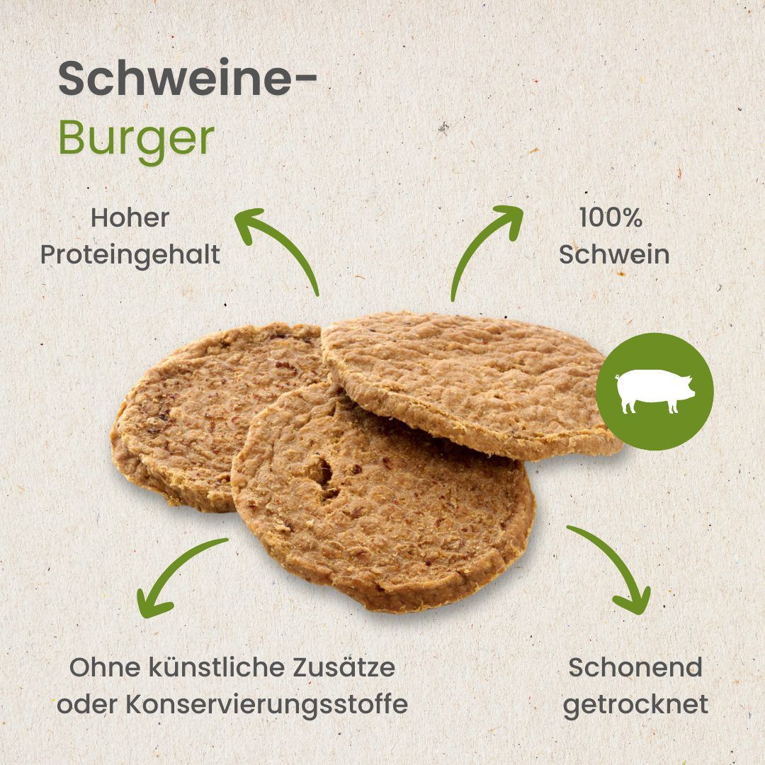 Drei runde Schweine-Burger Hundekauartikel mit Textangaben.