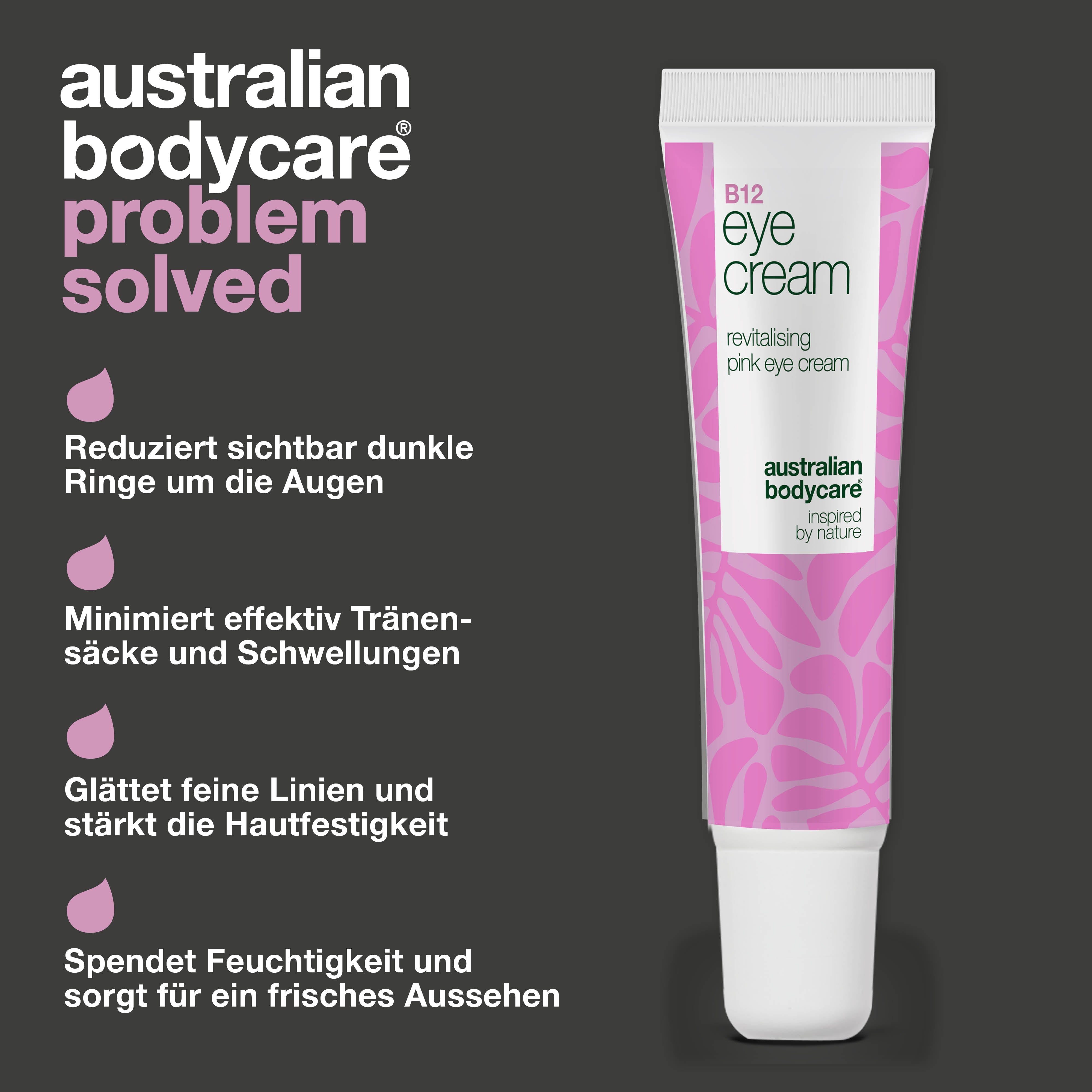 Tube B12 Eye Cream. Rosa Creme. Text: Australian Bodycare, Problem solved. Reduziert, Minimiert, Glättet, Spendet.