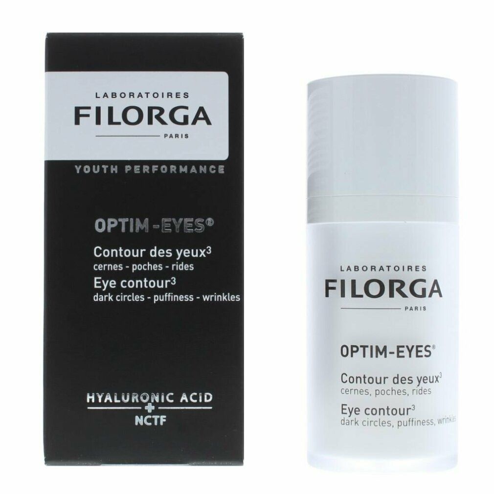 Filorga Optim-Eyes Augenkonturen Pflege und Verpackung. Schwarze Schachtel mit Produktinformationen.