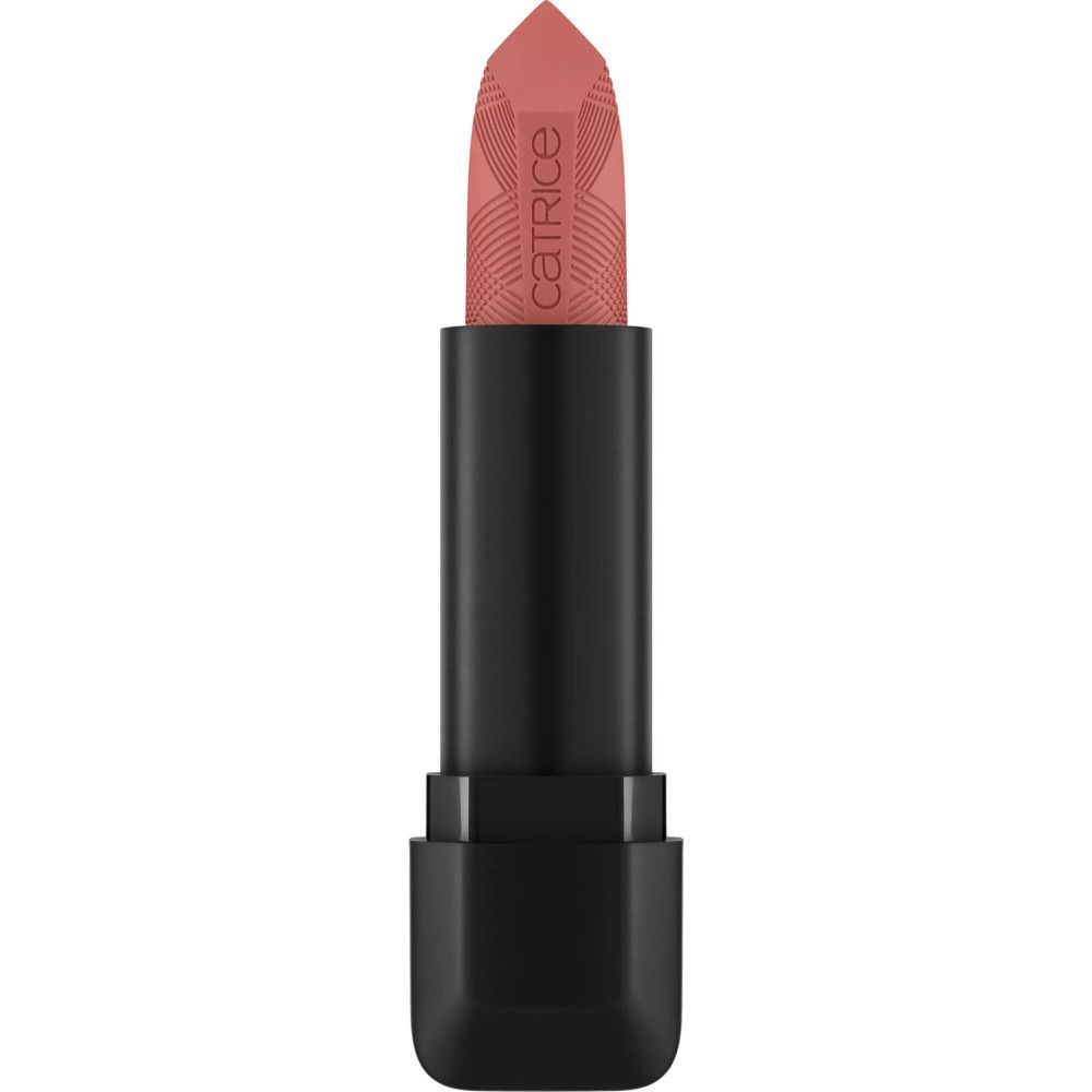 Lippenstift mit schwarzer Hülse. Der Lippenstift ist rosa und hat das Wort "Catrice" aufgedruckt.
