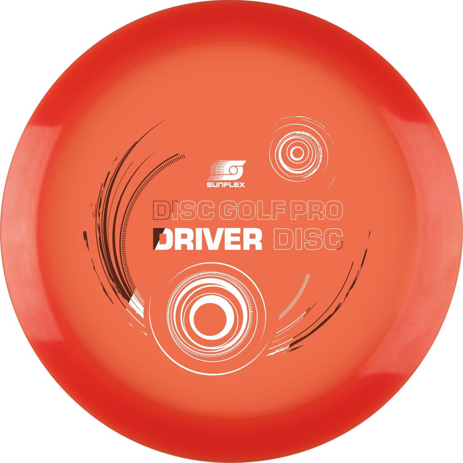 Orangefarbene Sunflex Disc Golf Pro Driver Disc. Schwarze und weiße Grafiken. Logo und Schriftzug.