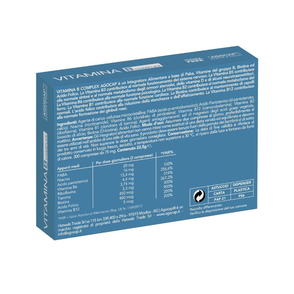 Retro della confezione di Vitamina B Complex. Contiene informazioni sugli ingredienti e il dosaggio.