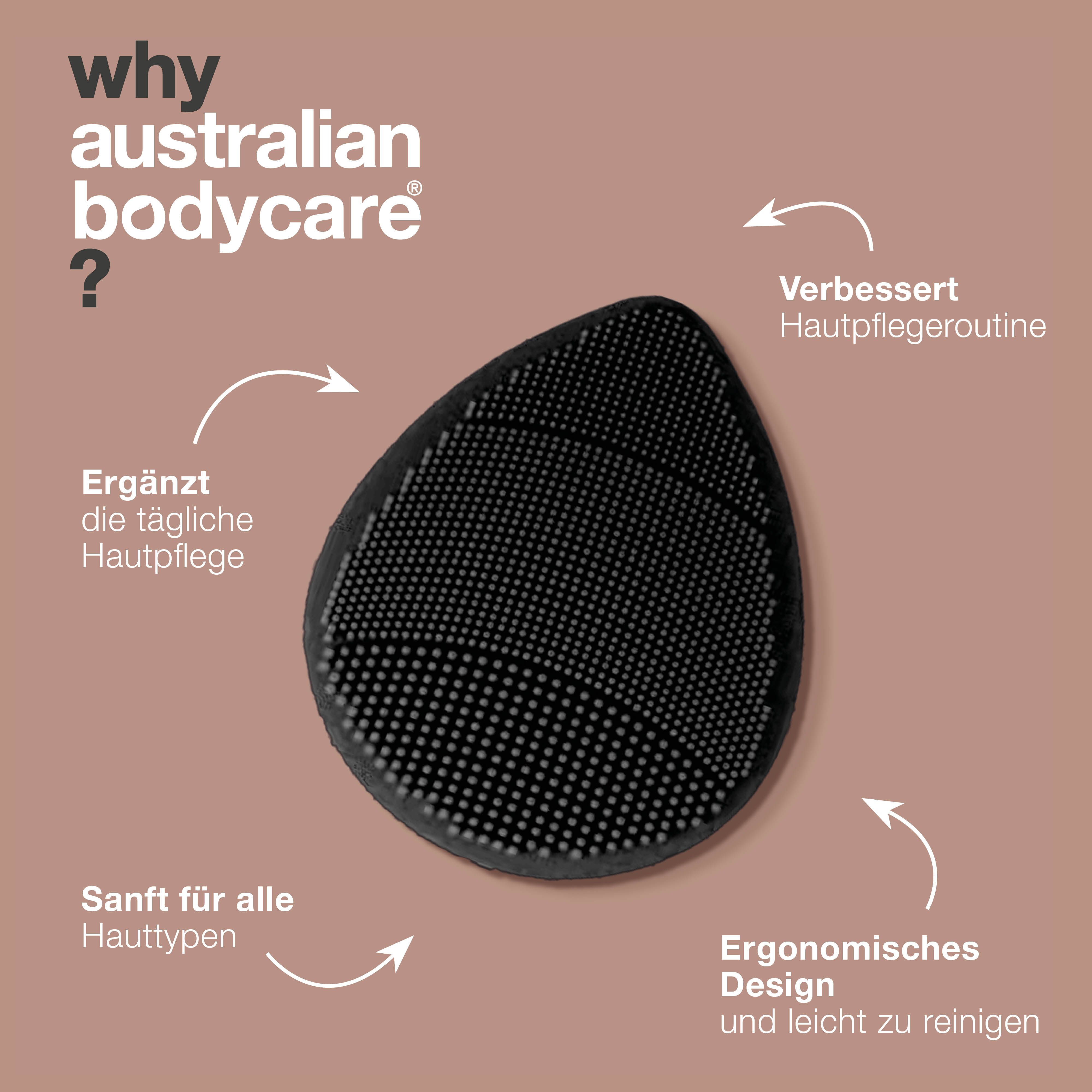Schwarzer Gesichtsreiniger. Aufschrift: Warum Australian Bodycare? Ergänzt die tägliche Hautpflege. Ergonomisches Design.