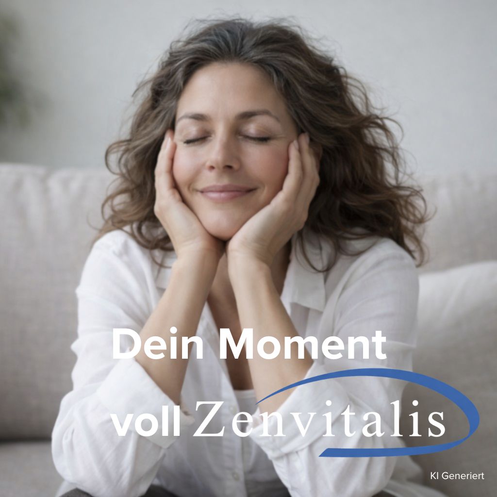 Frau entspannt auf Sofa sitzend, Augen geschlossen, Hände am Kopf. Text: Dein Moment voll Zenvitalis.