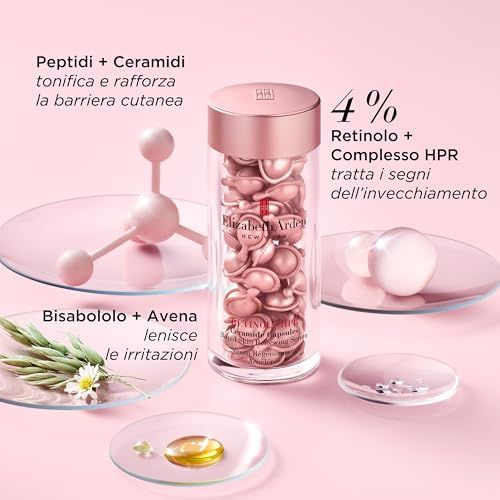 Glasflakon mit rosa Kapseln. Elizabeth Arden. Text: 4% Retinol + HPR Komplex. Inhaltsstoffe: Peptide, Ceramide, Bisabolol, Hafer.