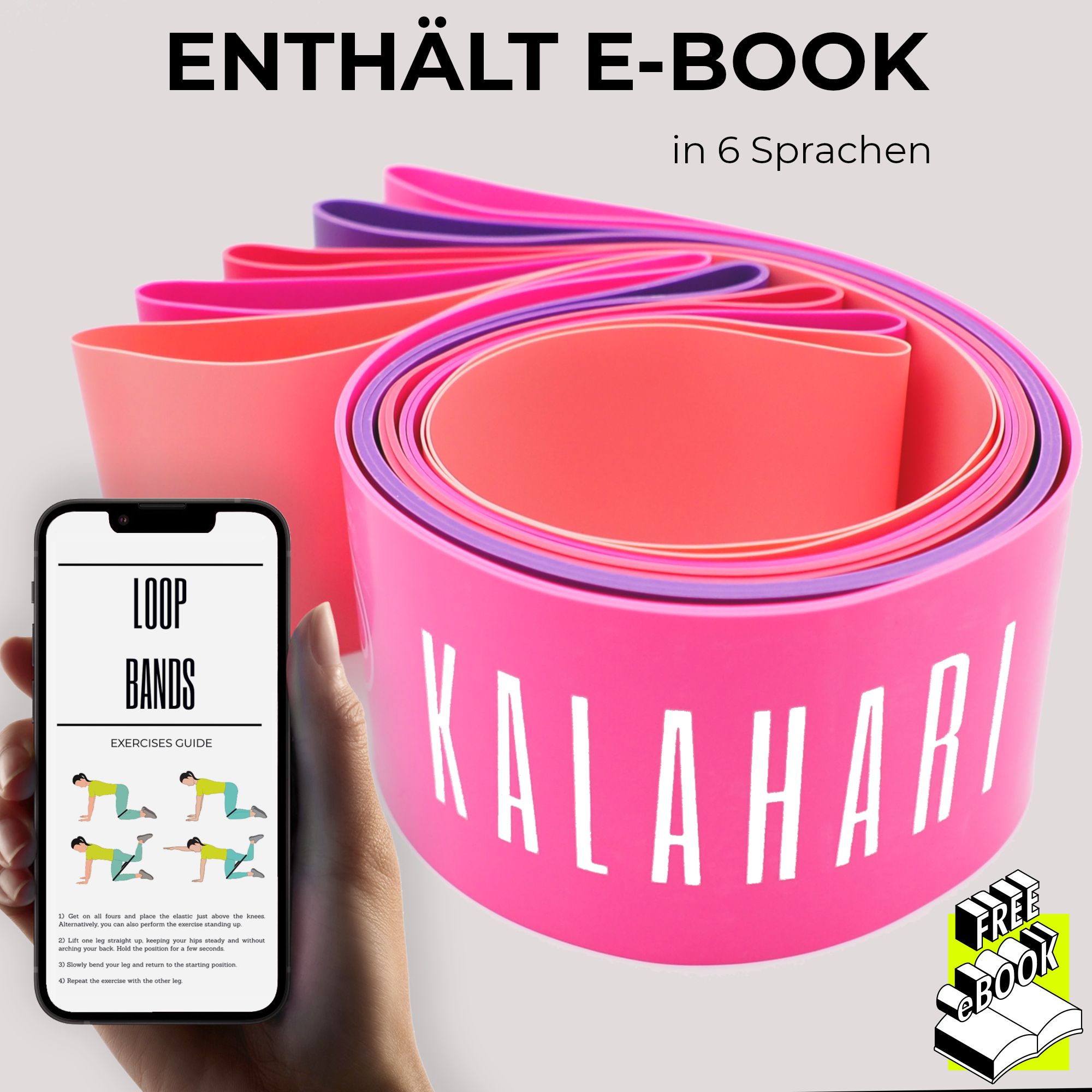 Fünf KALAHARI Fitnessbänder mit Beschriftung der Widerstandsstufen (2-13 Kg) und Intensitäten.