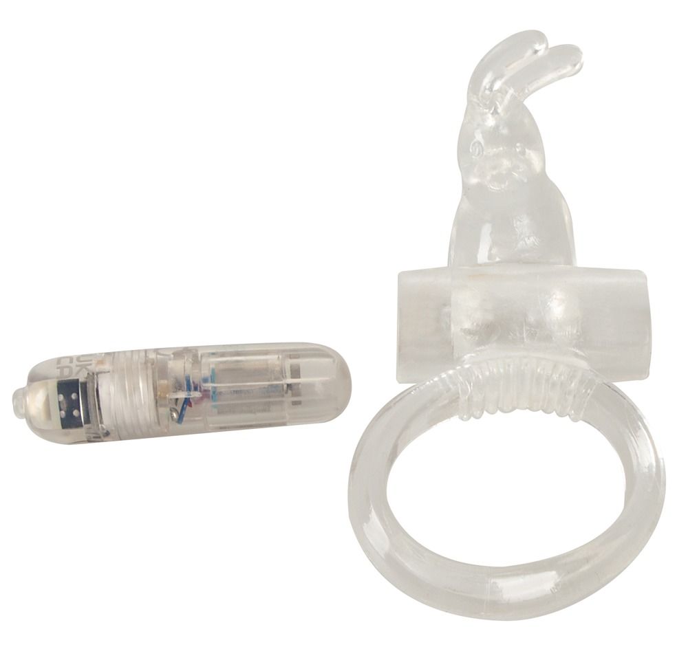 Transparenter Penisring mit Hasen-Aufsatz und Klitorisreizer. Ringförmig, mit Vibrationsmodul. Einzelteile.
